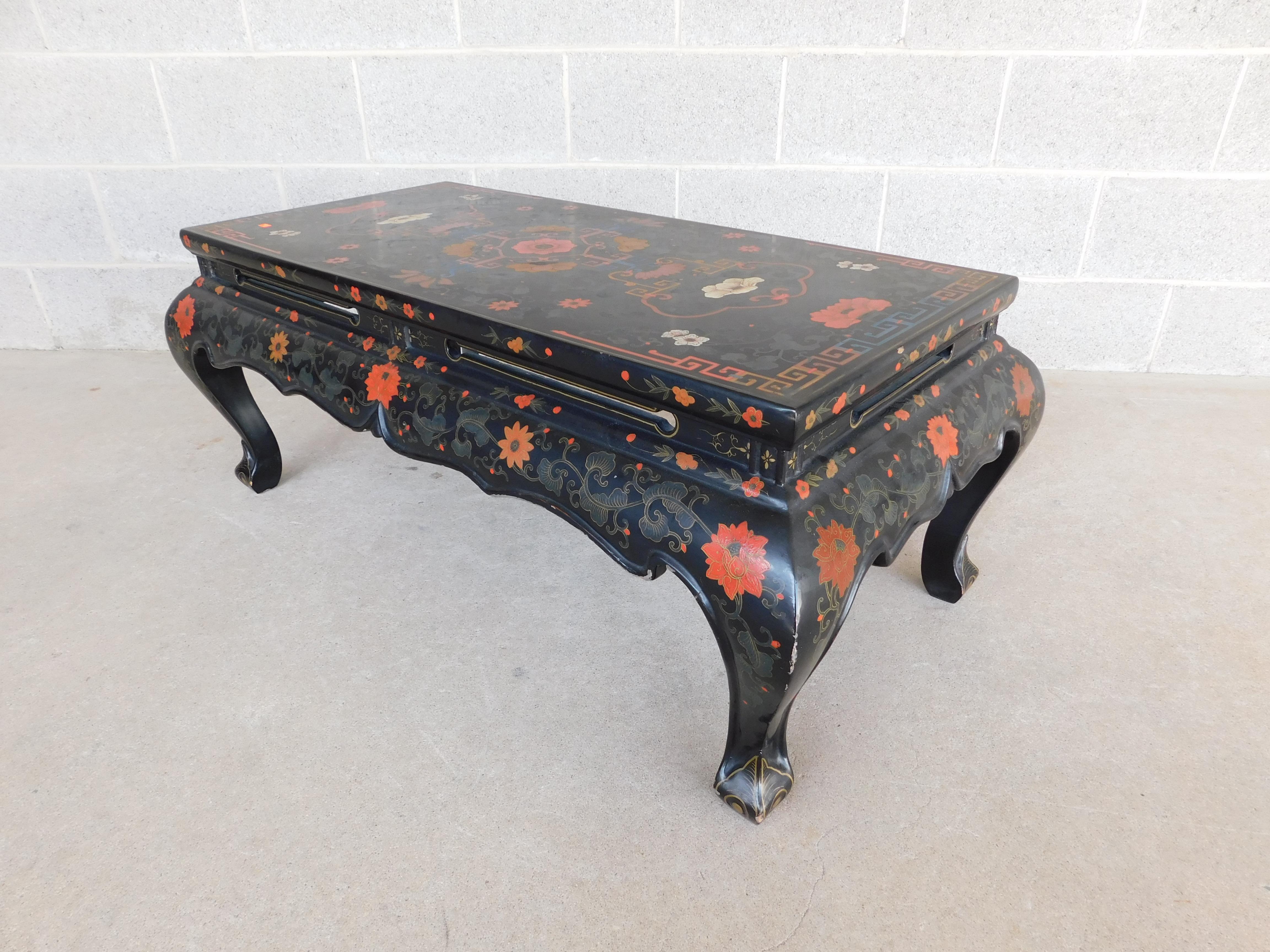 Midcentury Vintage Chinoiserie Lacquered Inlaid Motif Coffee Table 4
