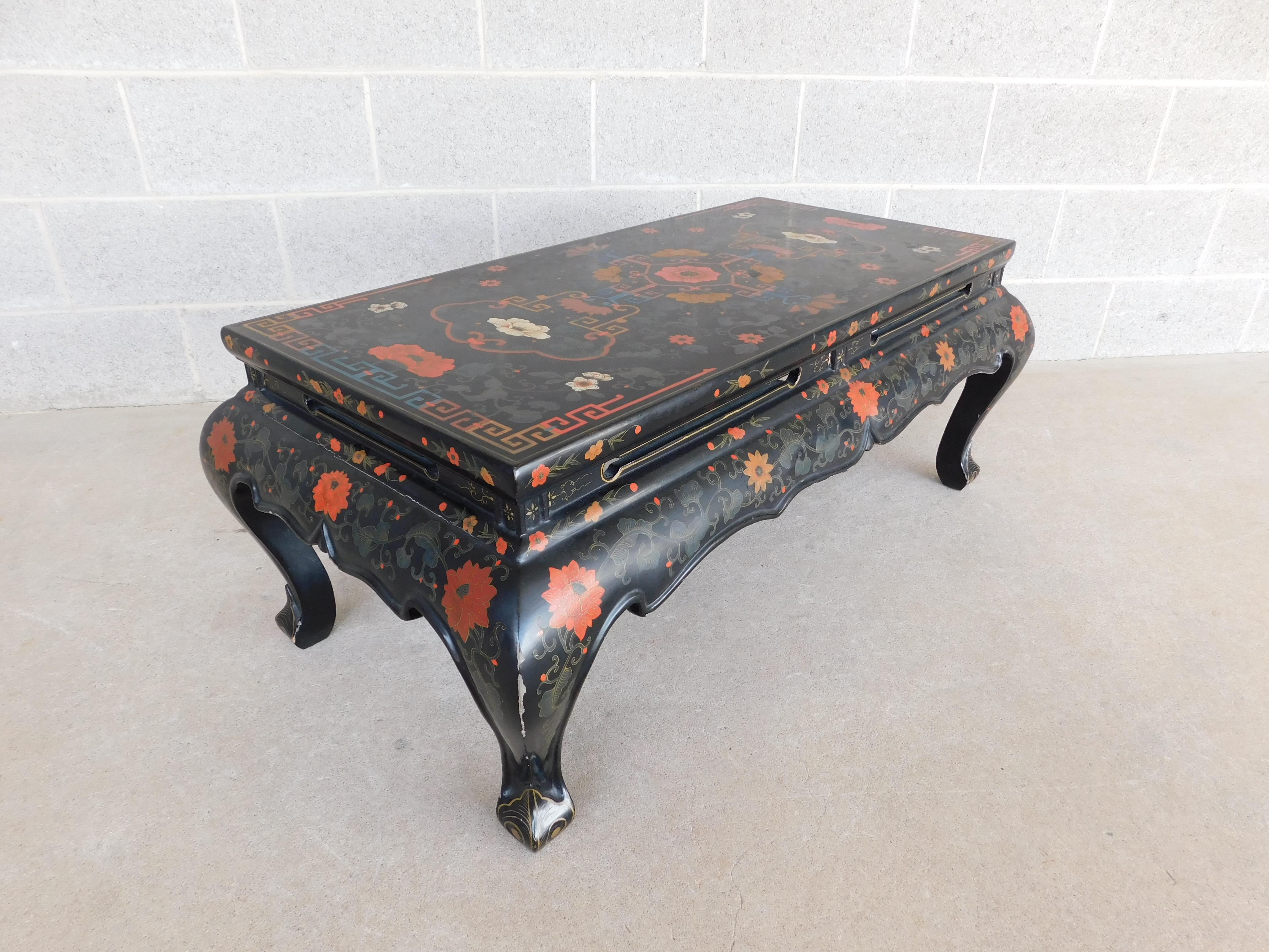 Midcentury Vintage Chinoiserie Lacquered Inlaid Motif Coffee Table 11