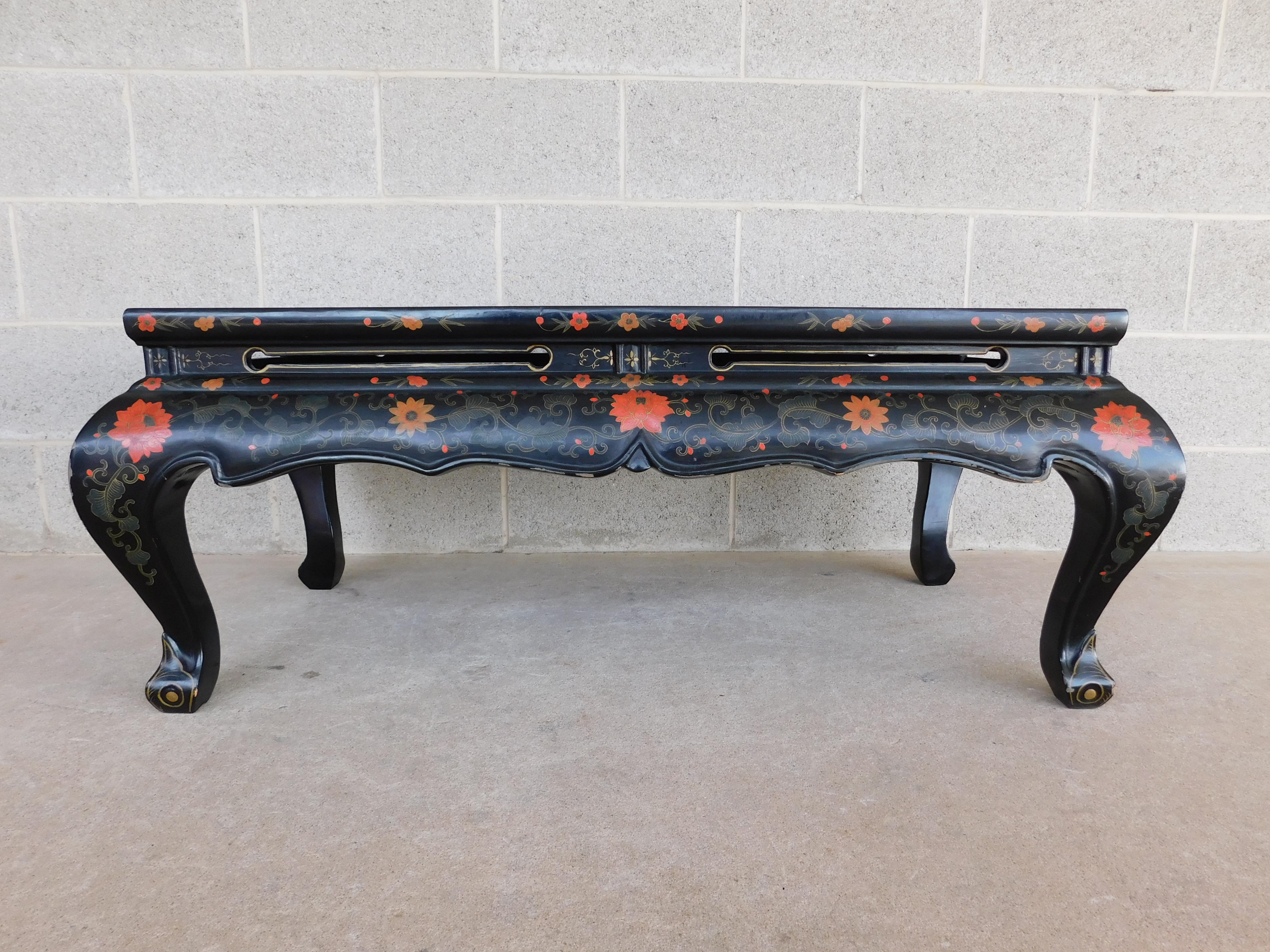 Midcentury Vintage Chinoiserie Lacquered Inlaid Motif Coffee Table In Good Condition In Parkesburg, PA