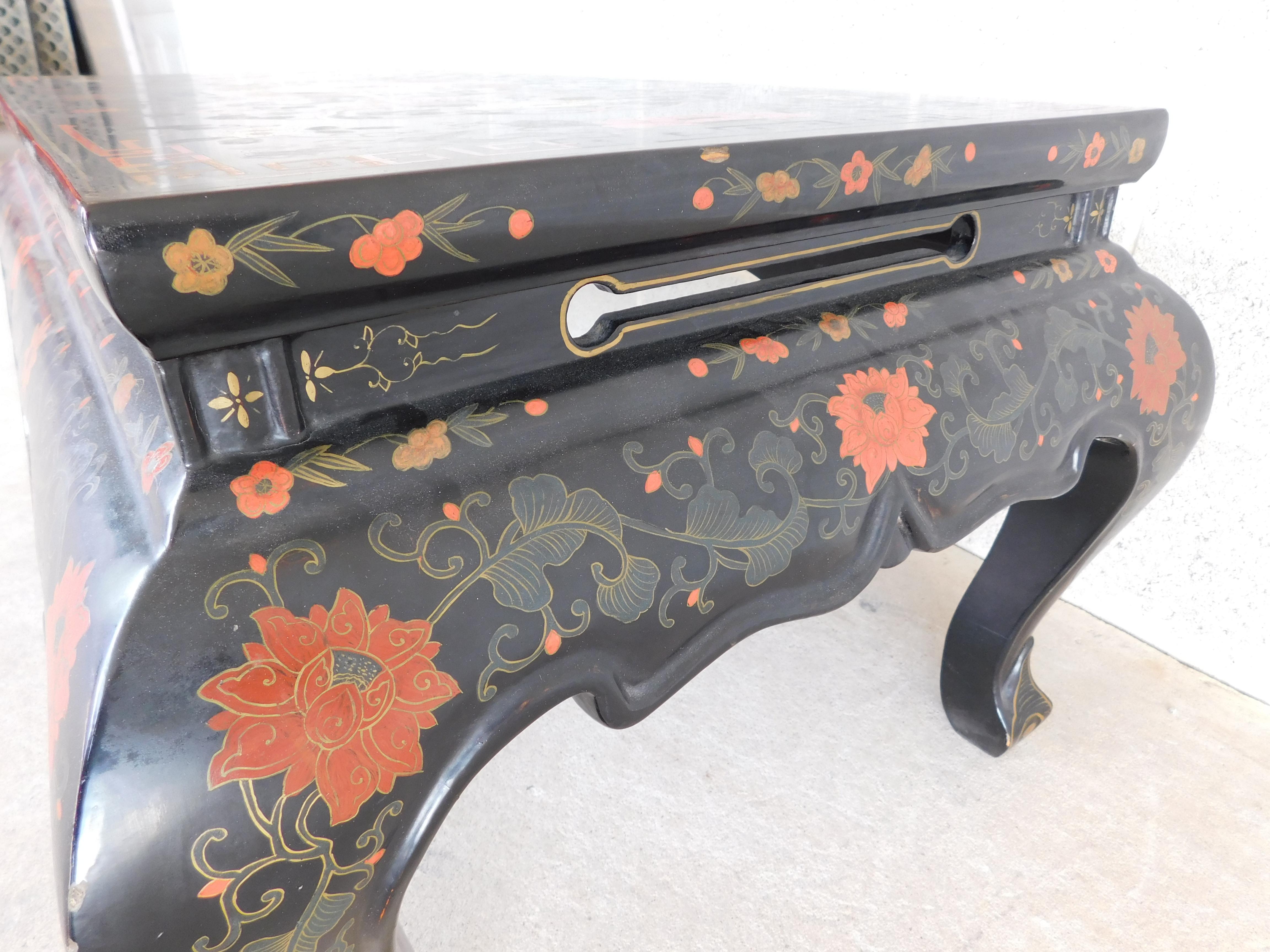 Wood Midcentury Vintage Chinoiserie Lacquered Inlaid Motif Coffee Table