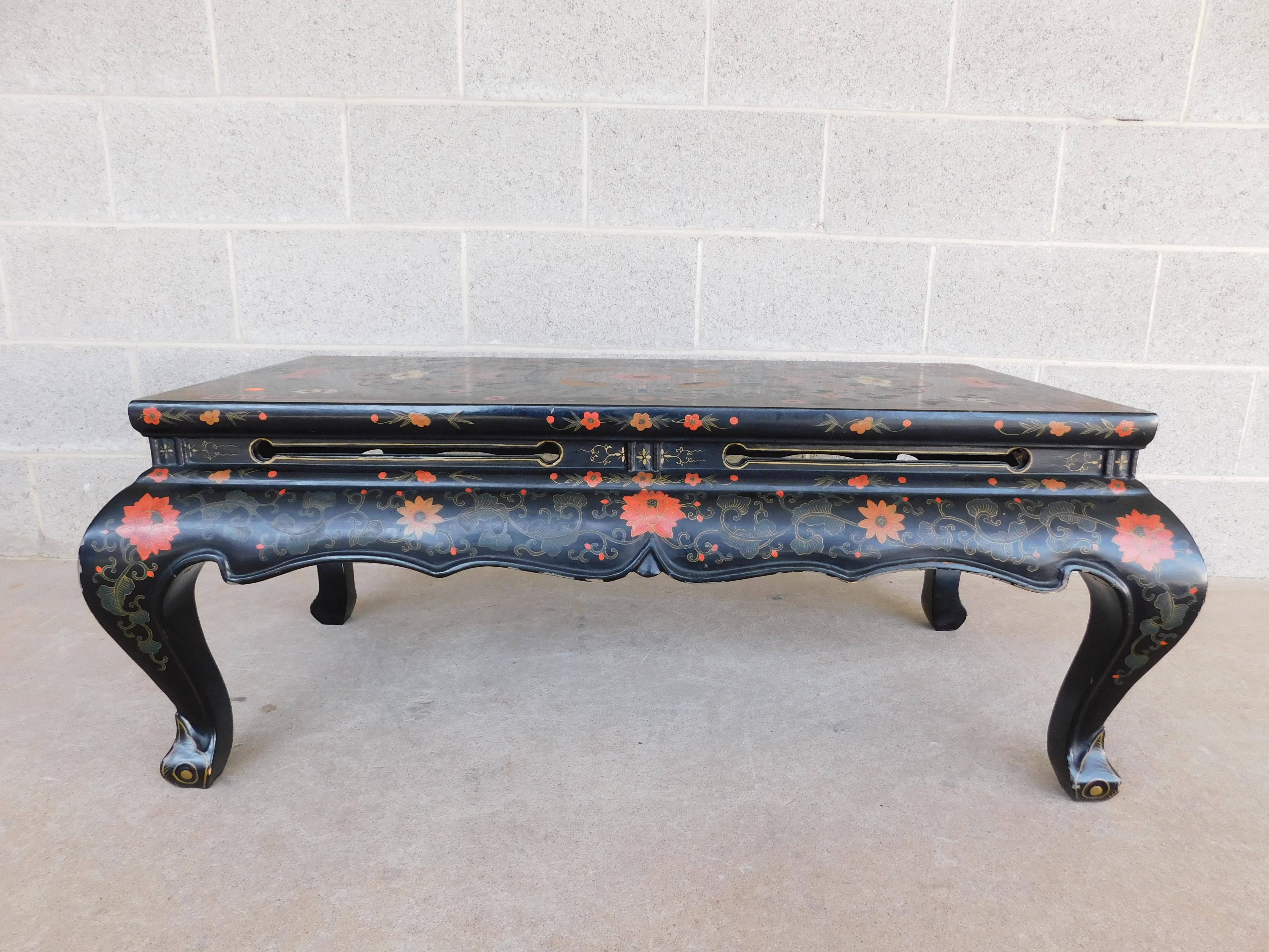 Midcentury Vintage Chinoiserie Lacquered Inlaid Motif Coffee Table 2