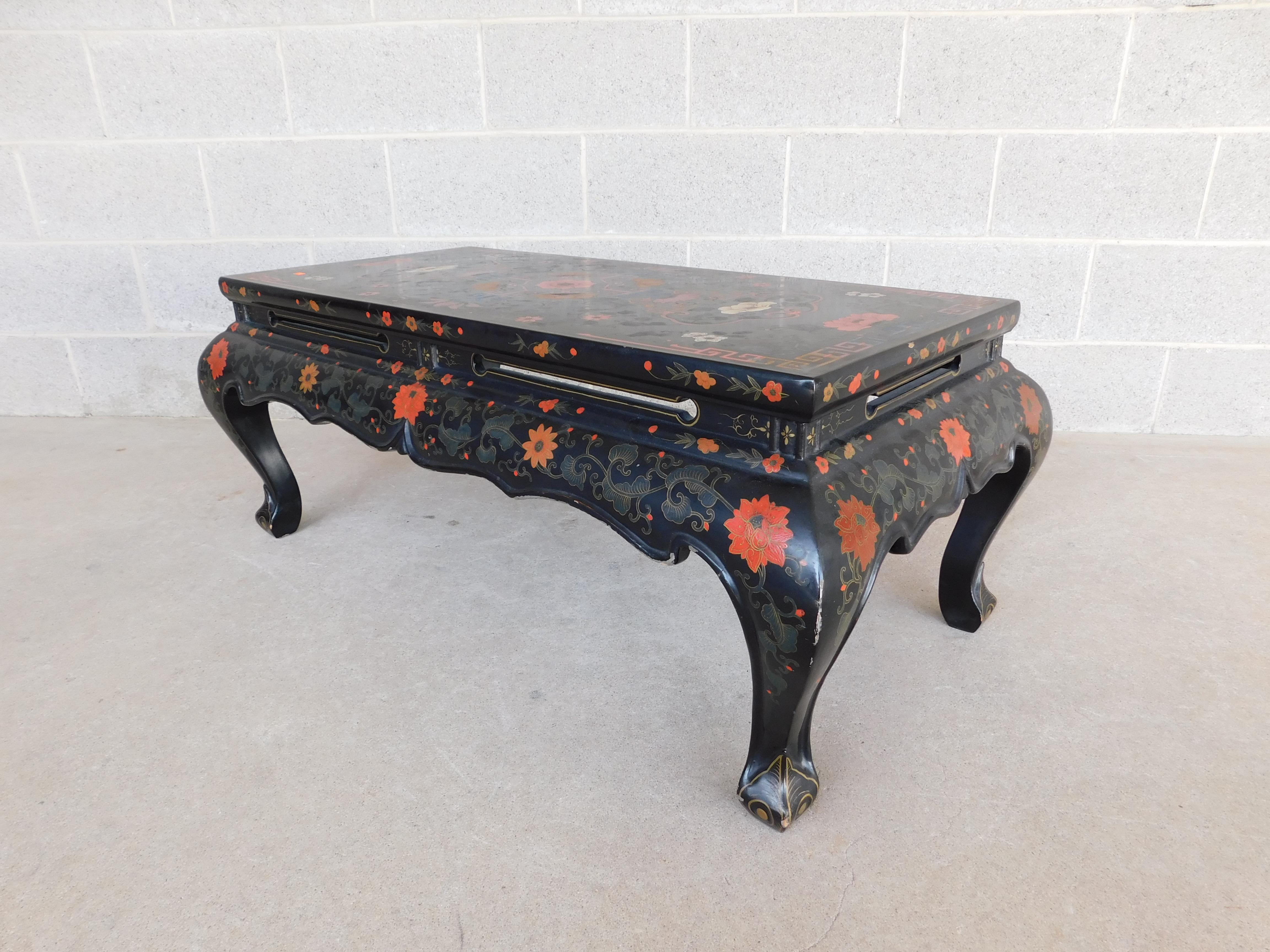 Midcentury Vintage Chinoiserie Lacquered Inlaid Motif Coffee Table 3