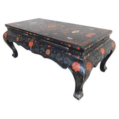 Midcentury Vintage Chinoiserie Lacquered Inlaid Motif Coffee Table