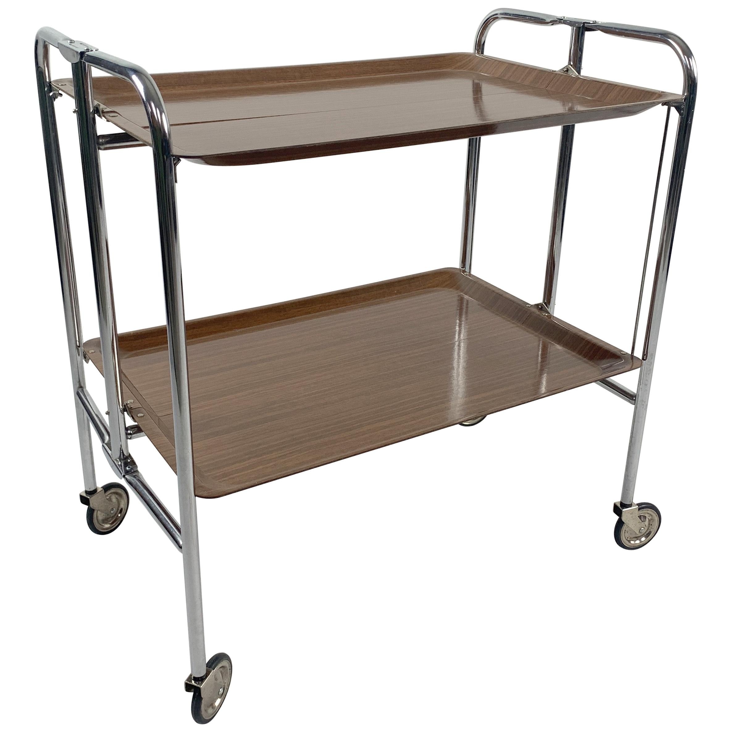 Midcentury Vintage Chrome and Laminated Wood Folding Serving Trolley, 1950s 