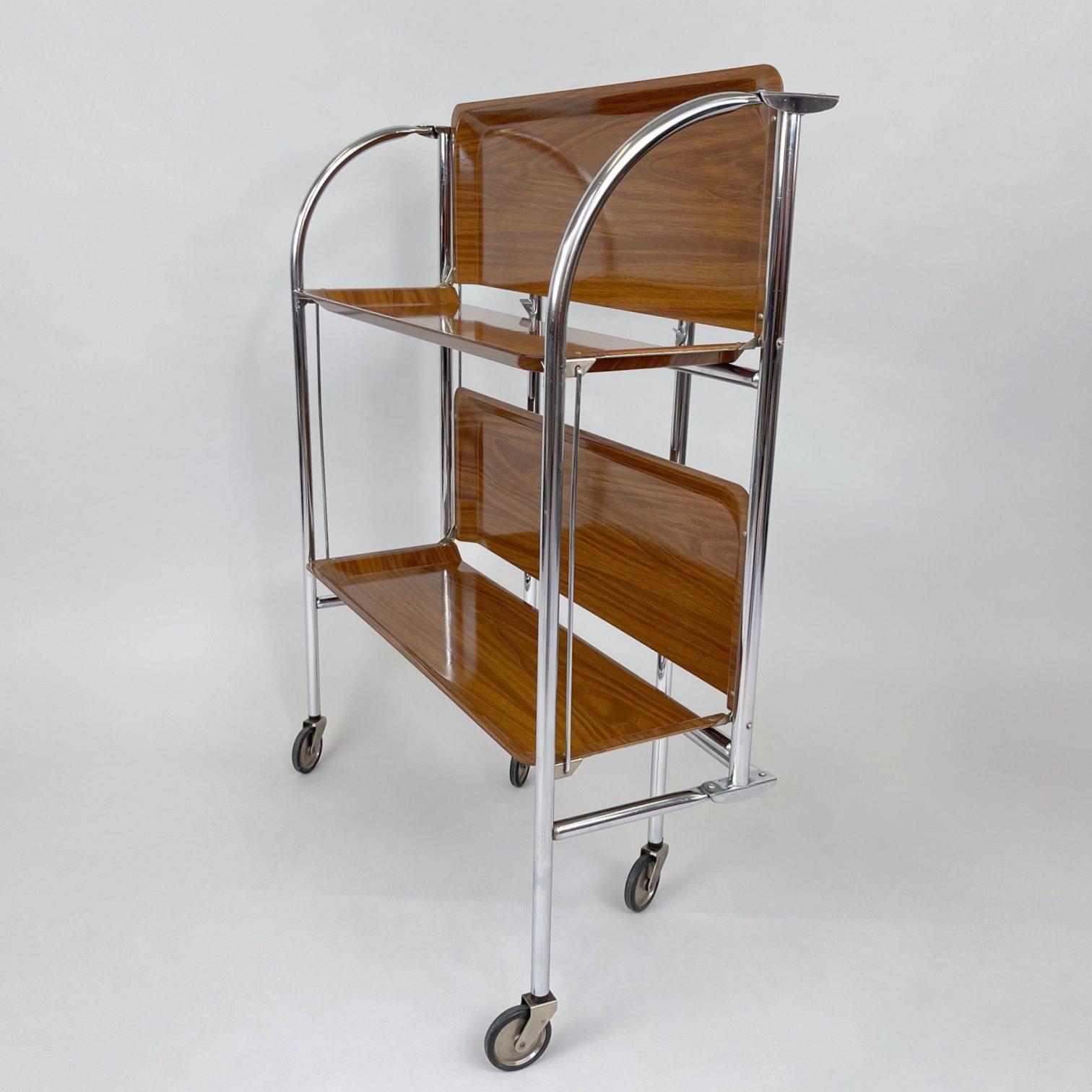 20th Century Mid-Century Vintage Chrome and Plywood Folding Serving Trolley, 1950's For Sale