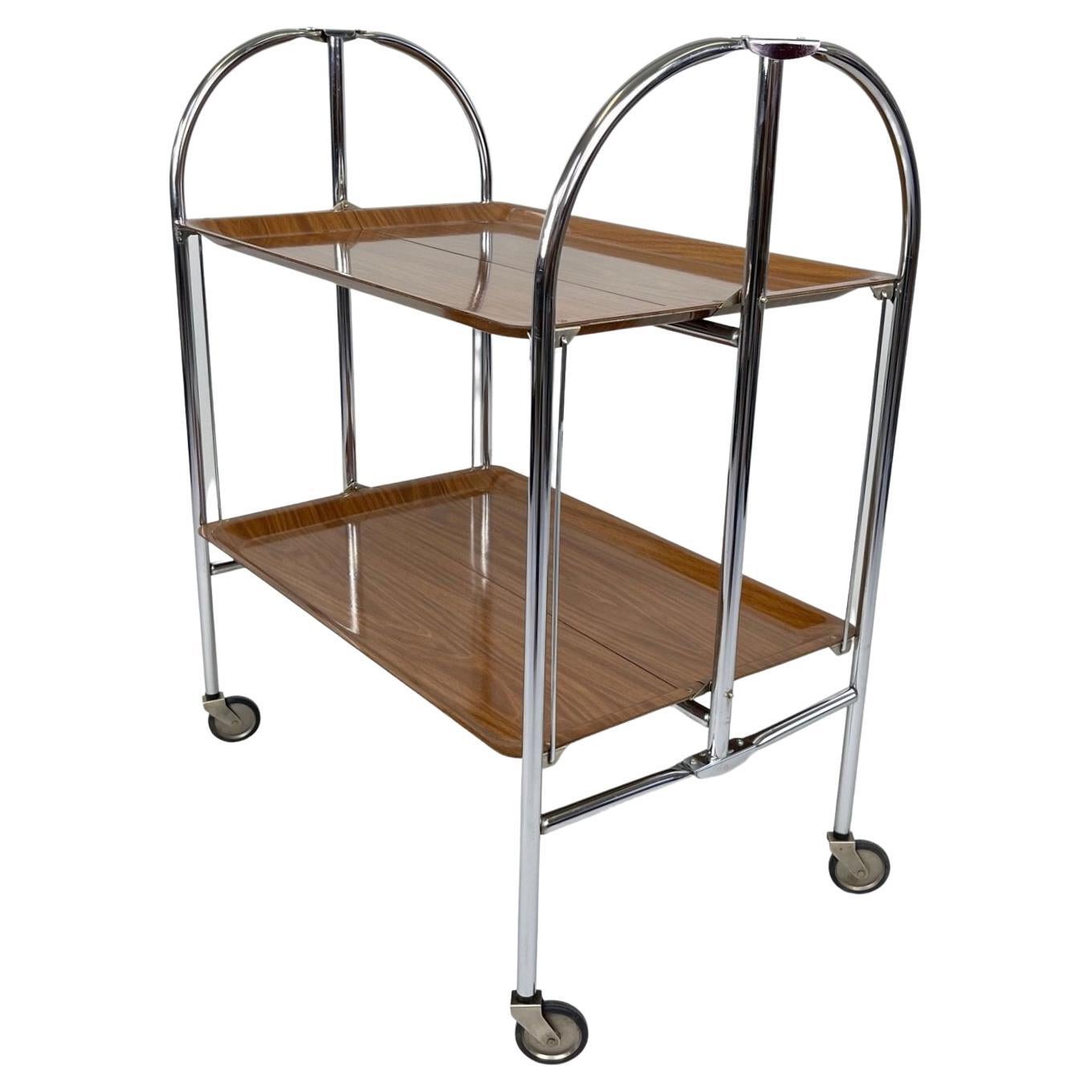 Mid-Century Vintage Chrome and Plywood Folding Serving Trolley, 1950's For Sale