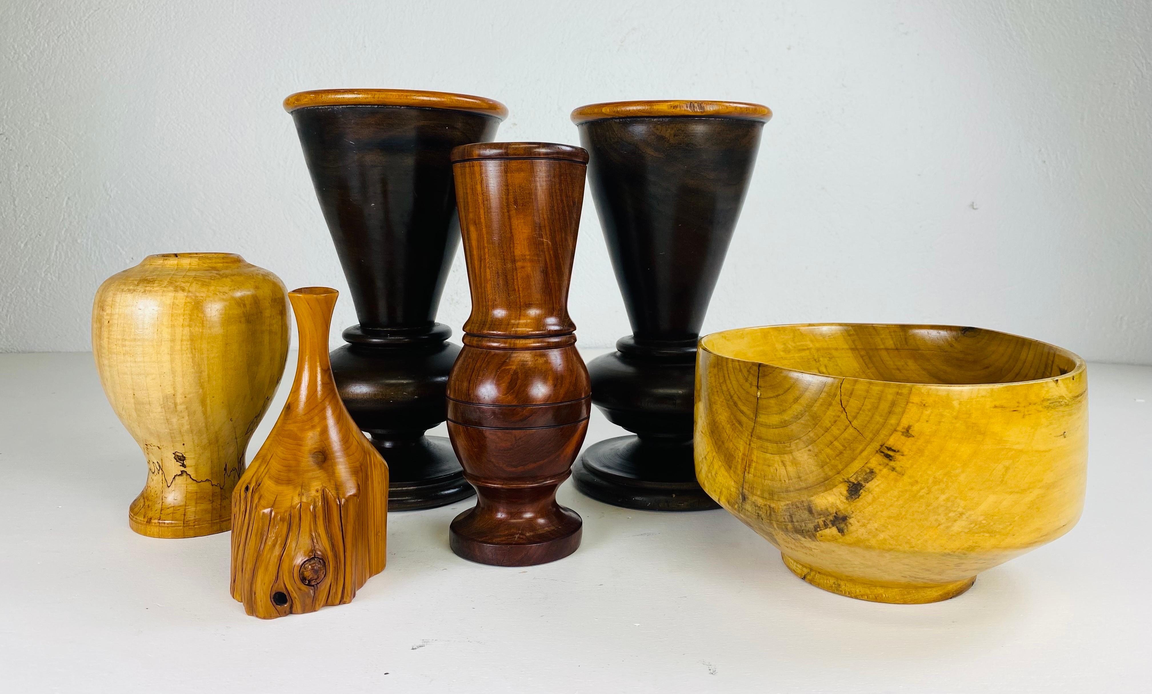 Hand-Carved Mid century vintage collection of hand turn wooden vessels. For Sale