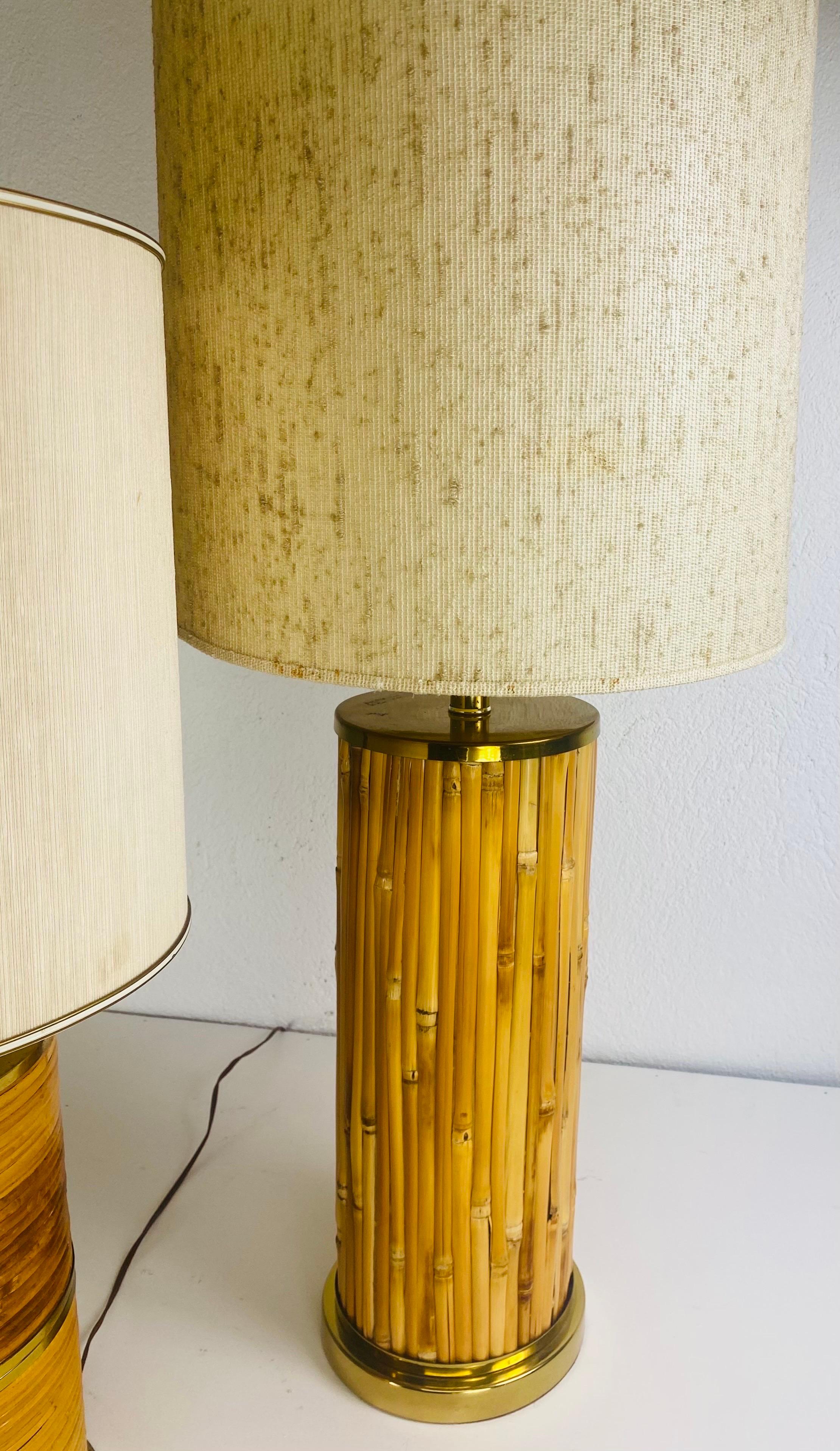American Mid century vintage complementary pair of coastal bamboo table lamps