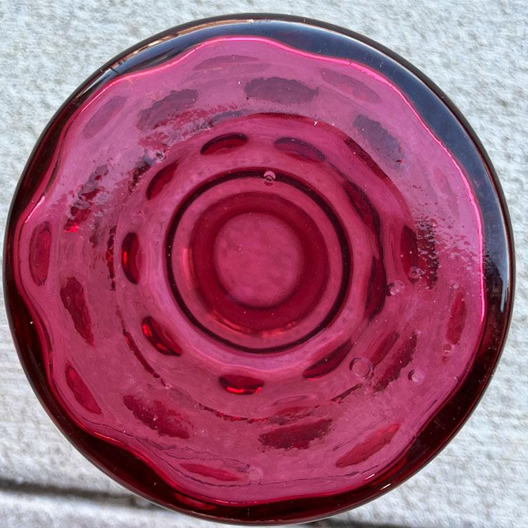 American Mid Century Vintage Cranberry Glass Thumbprint Water Carafe, Decanter or Vase