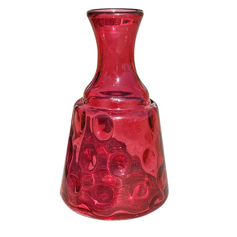 Mid Century Vintage Cranberry Glass Thumbprint Water Carafe, Decanter or Vase In Good Condition In Oklahoma City, OK