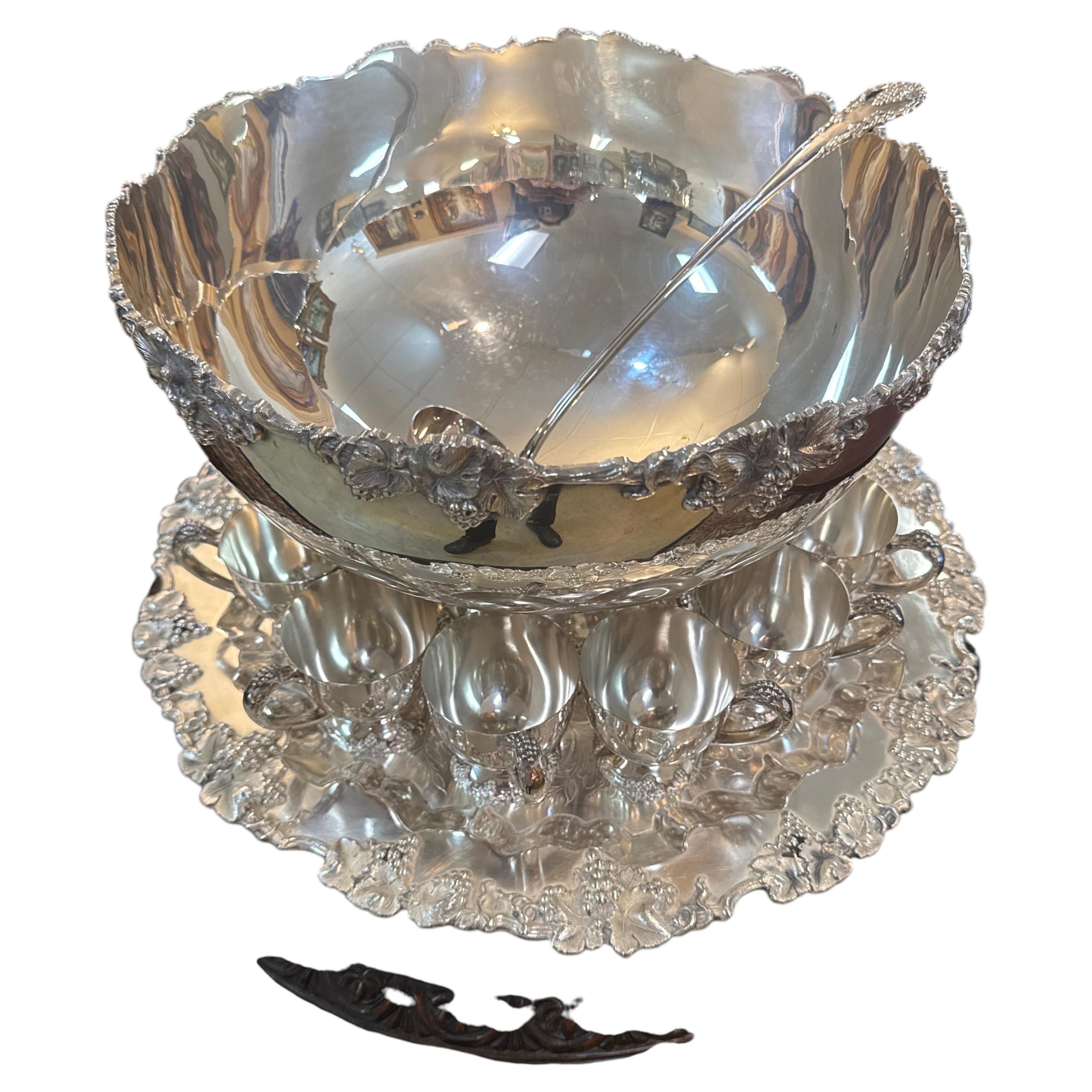 Mid century vintage CRESCENT SILVERWARE punch Bowl, ladle, 12 cups and a tray
