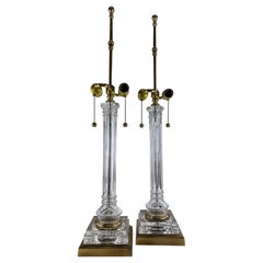 Mid-century vintage cut glass and brass classical column table lamps/a pair