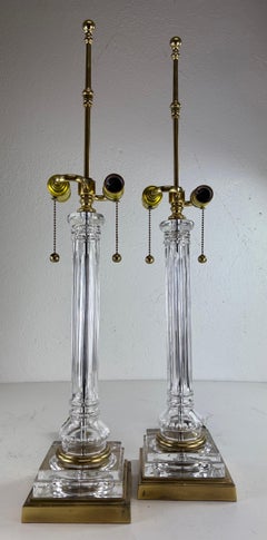 Mid-century vintage cut glass and brass classical column table lamps/a pair
