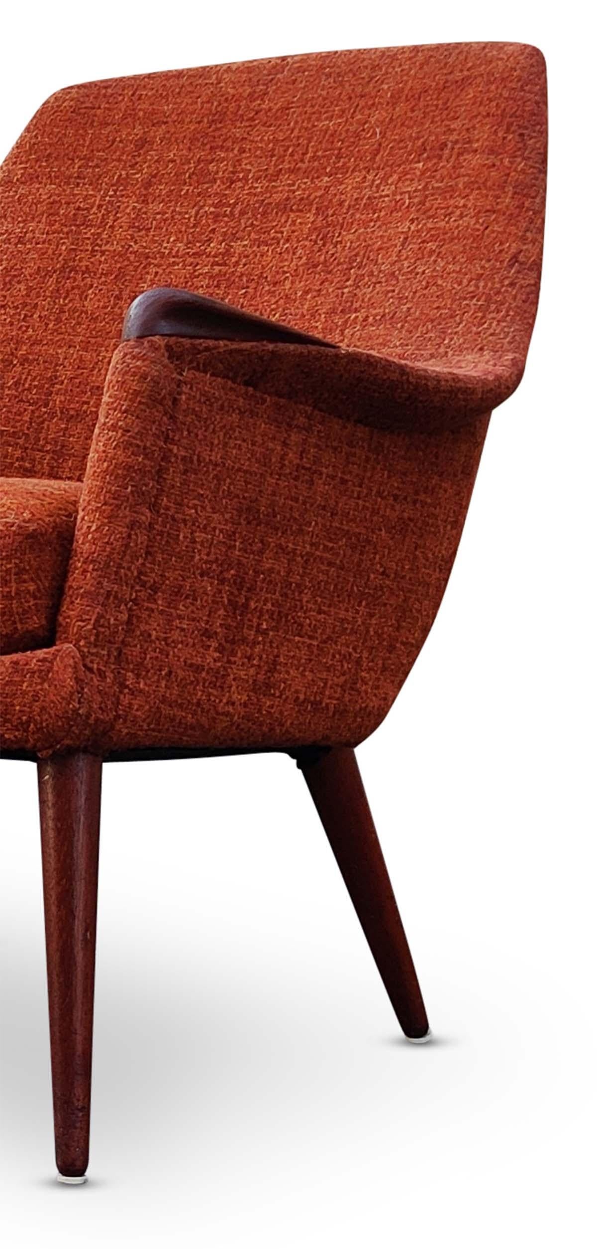 Mid Century Vintage Danish Pair Lounge Club Chairs Teak Orange Upholstery        5