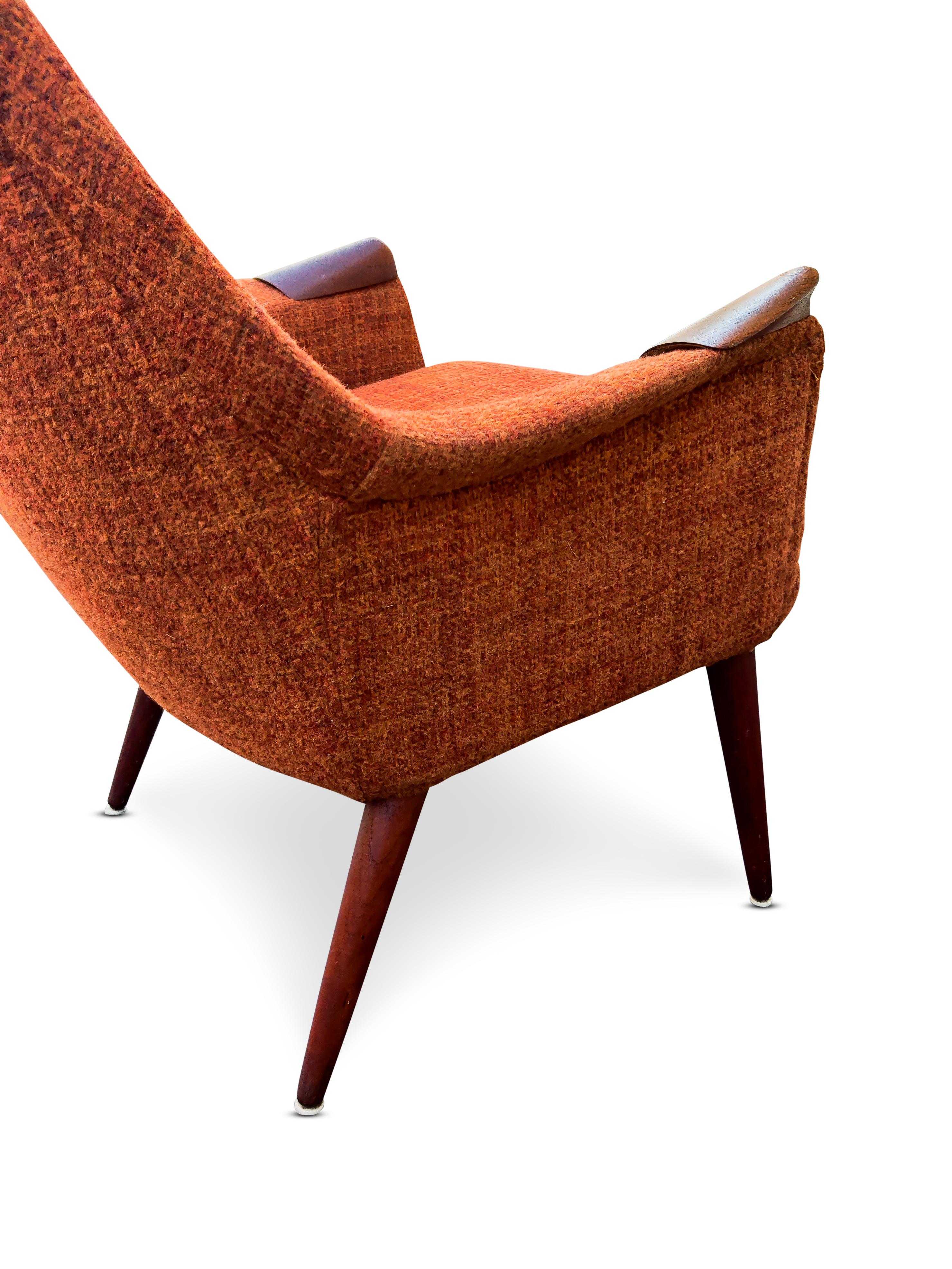 Mid Century Vintage Danish Pair Lounge Club Chairs Teak Orange Upholstery        6