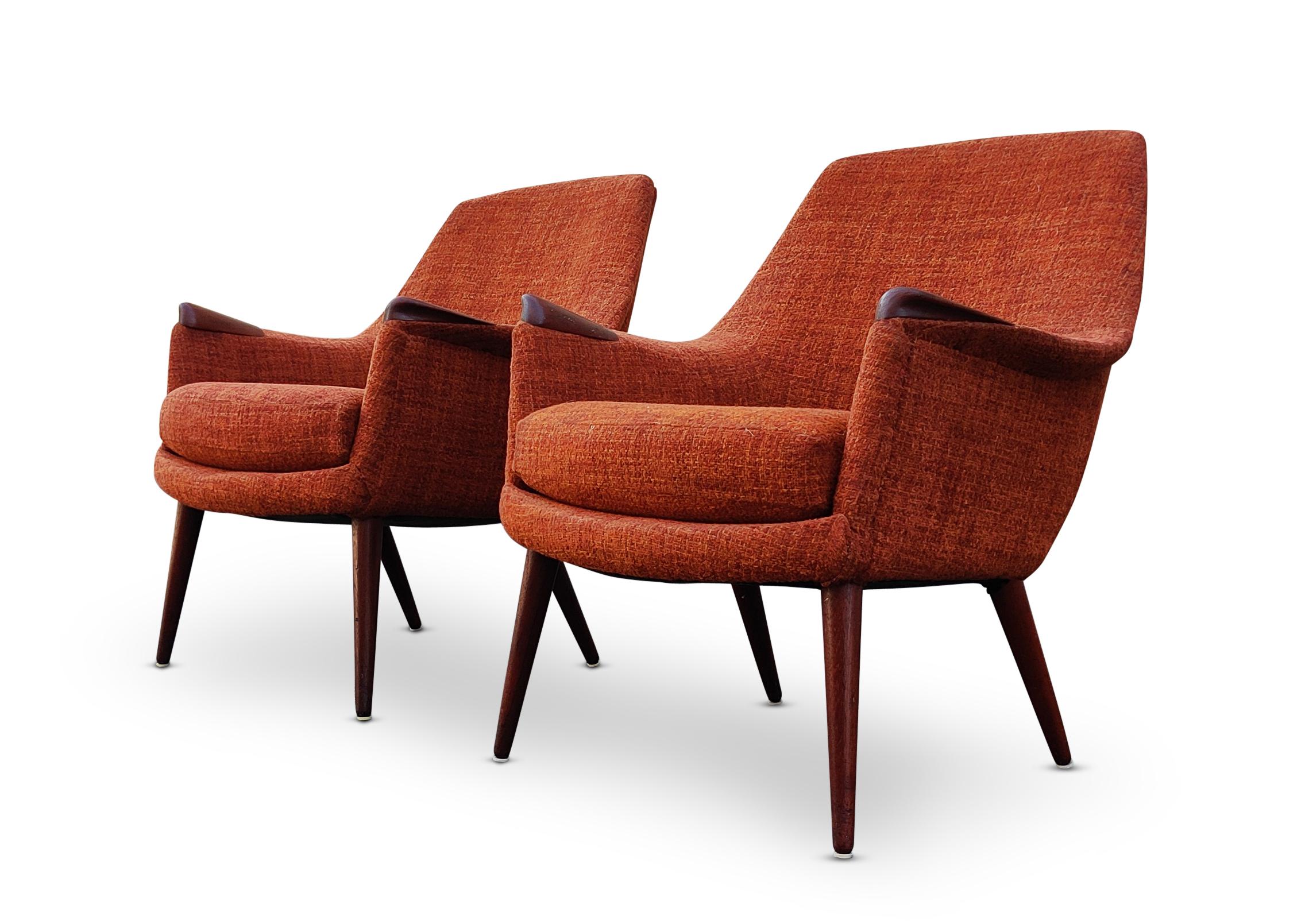 Mid-Century Modern Mid Century Vintage Danish Pair Lounge Club Chairs Teak Orange Upholstery       