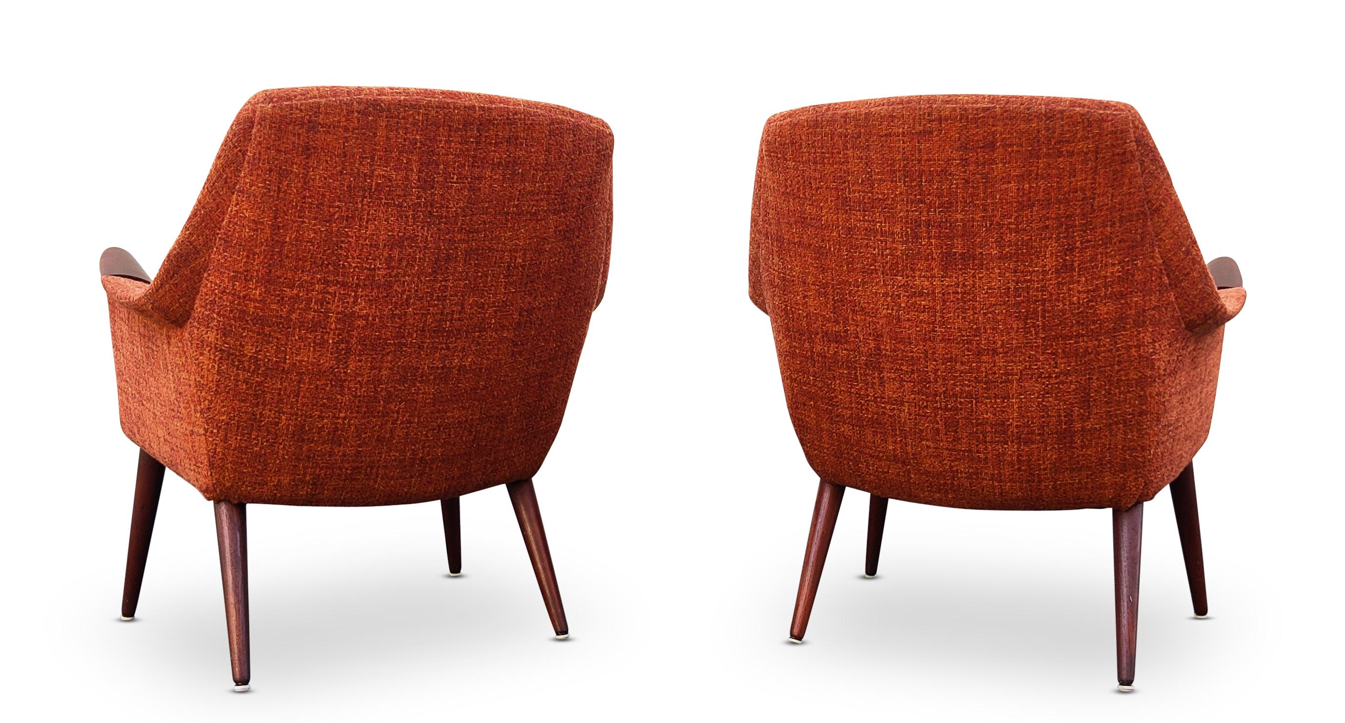 Mid-20th Century Mid Century Vintage Danish Pair Lounge Club Chairs Teak Orange Upholstery       