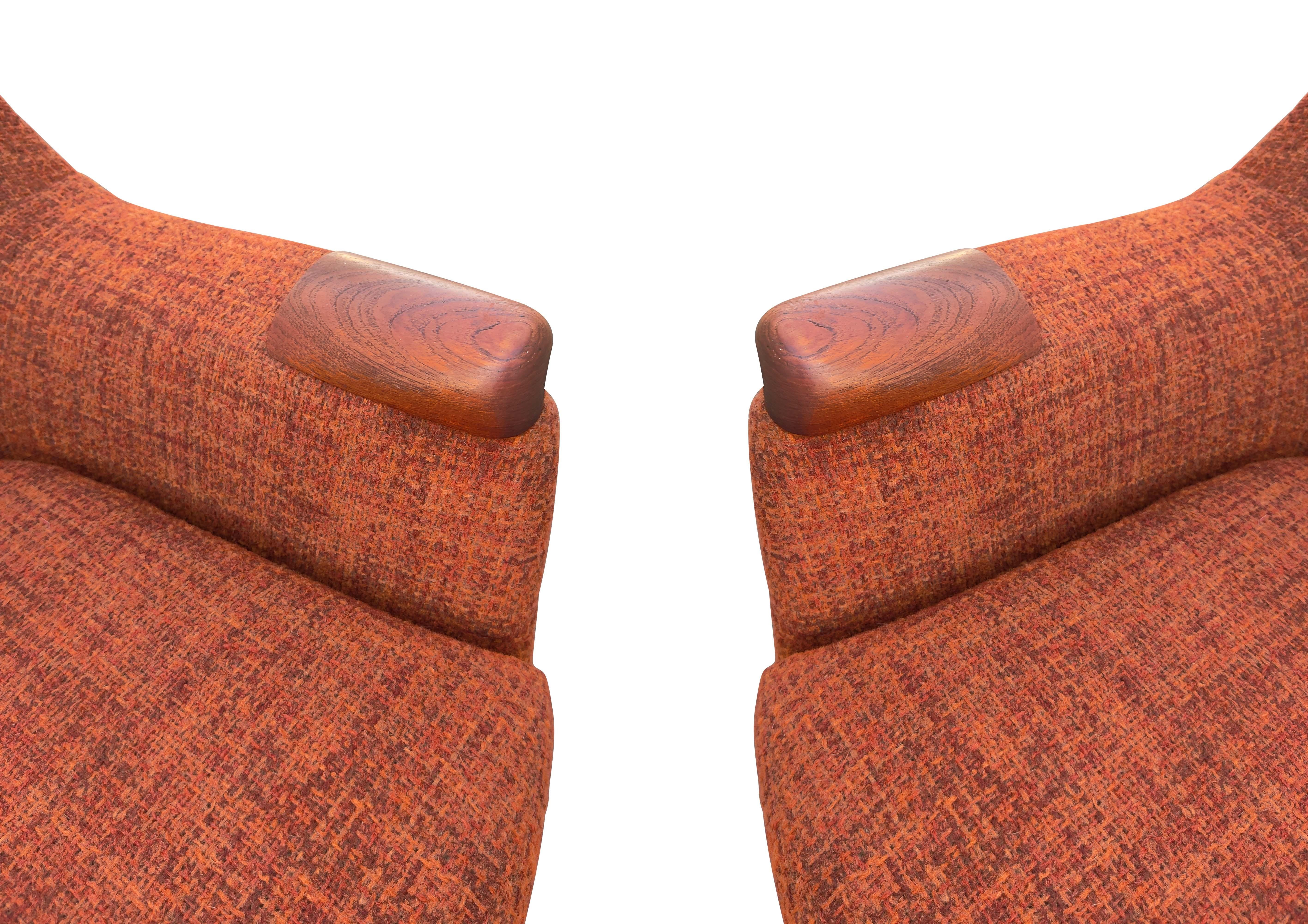 Mid Century Vintage Danish Pair Lounge Club Chairs Teak Orange Upholstery        2