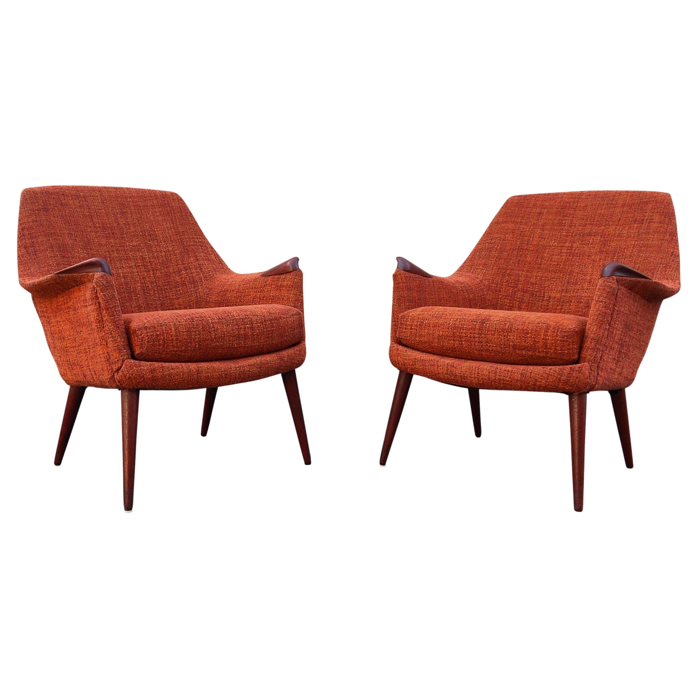 Mid Century Vintage Danish Pair Lounge Club Chairs Teak Orange Upholstery       