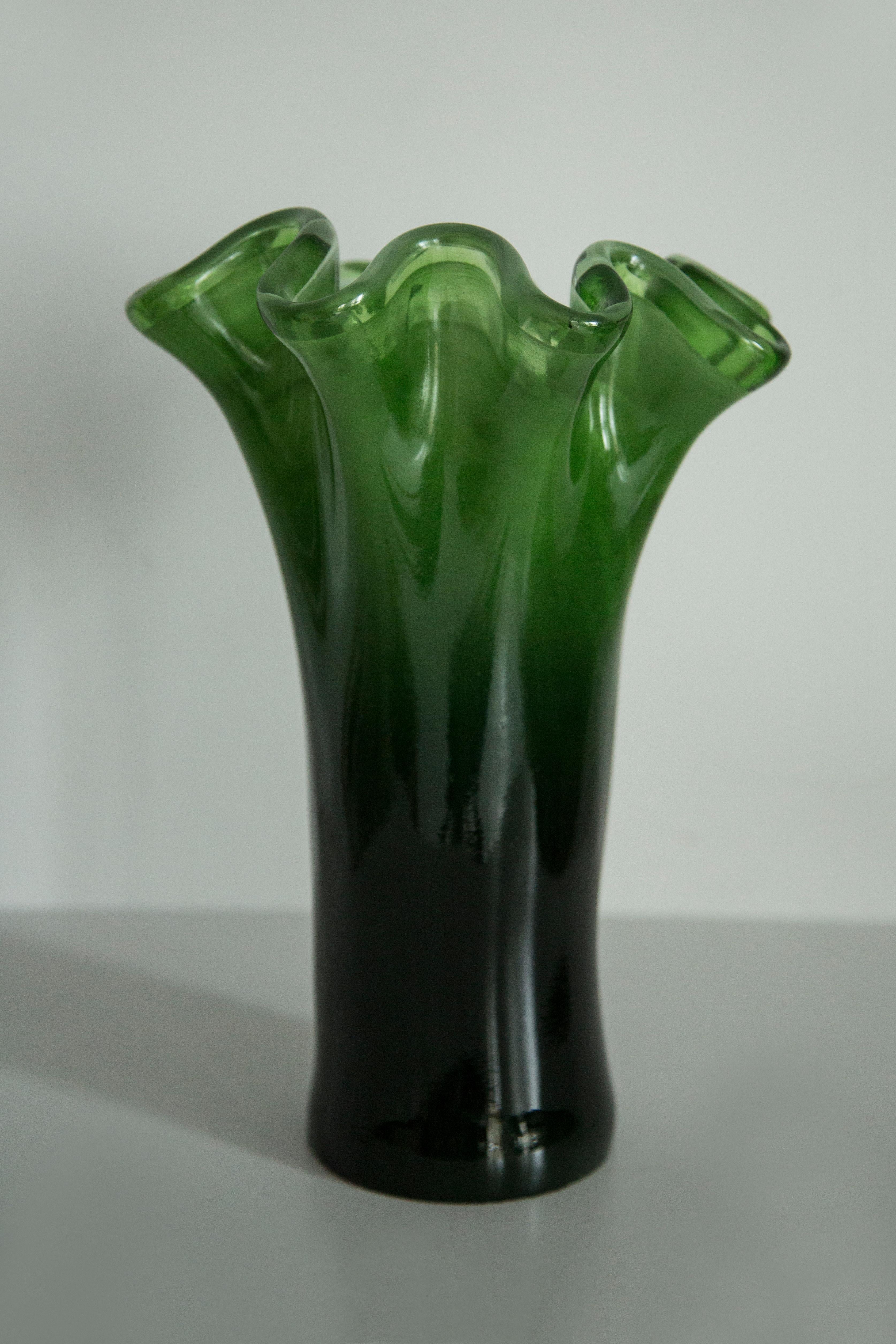 Mid Century Vintage Dark Green Murano Glass Vase, Italy, 2000s For Sale 1
