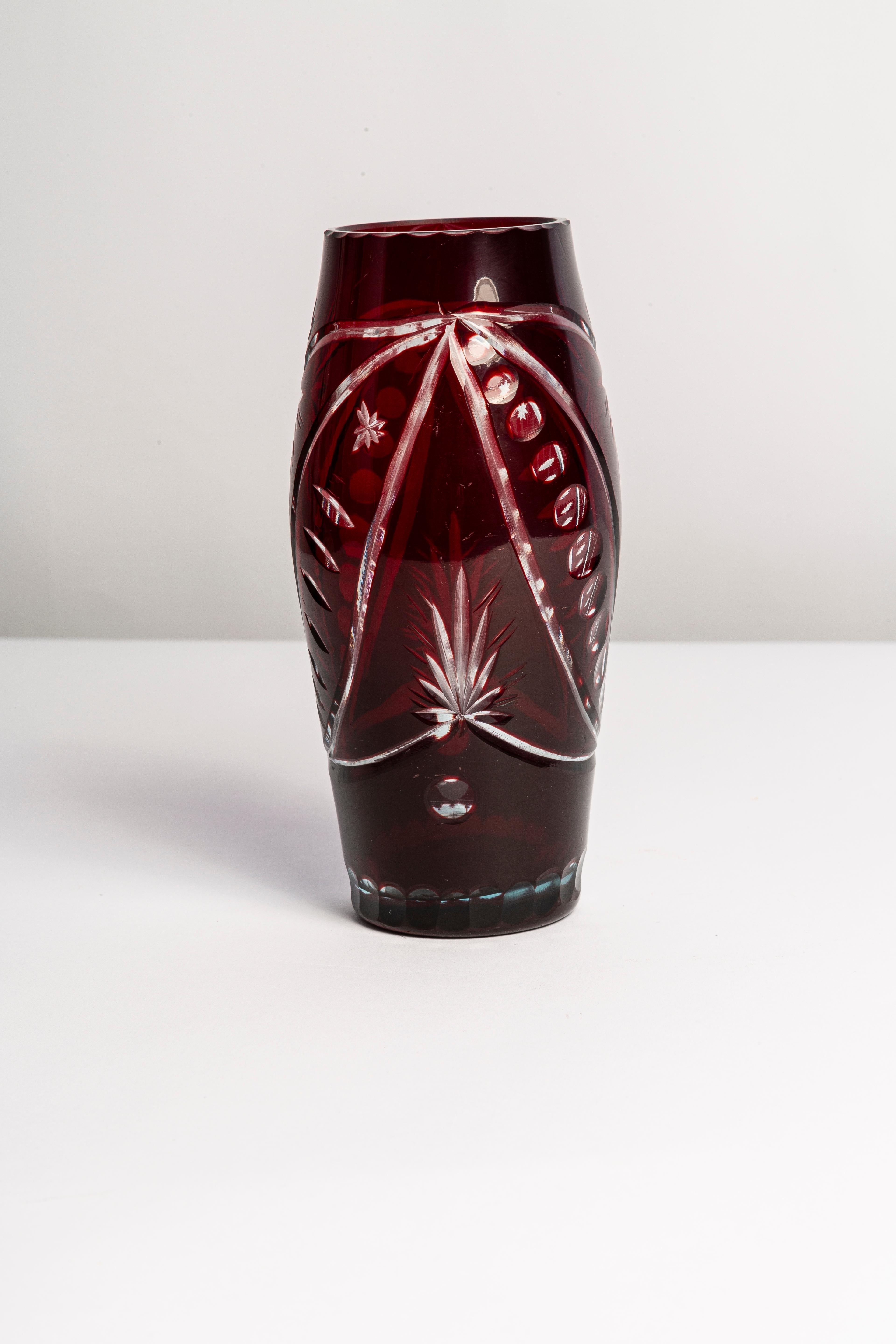 Polish Mid Century Vintage Dark Red Small Crystal Glass Vase, Europe, 1960s For Sale