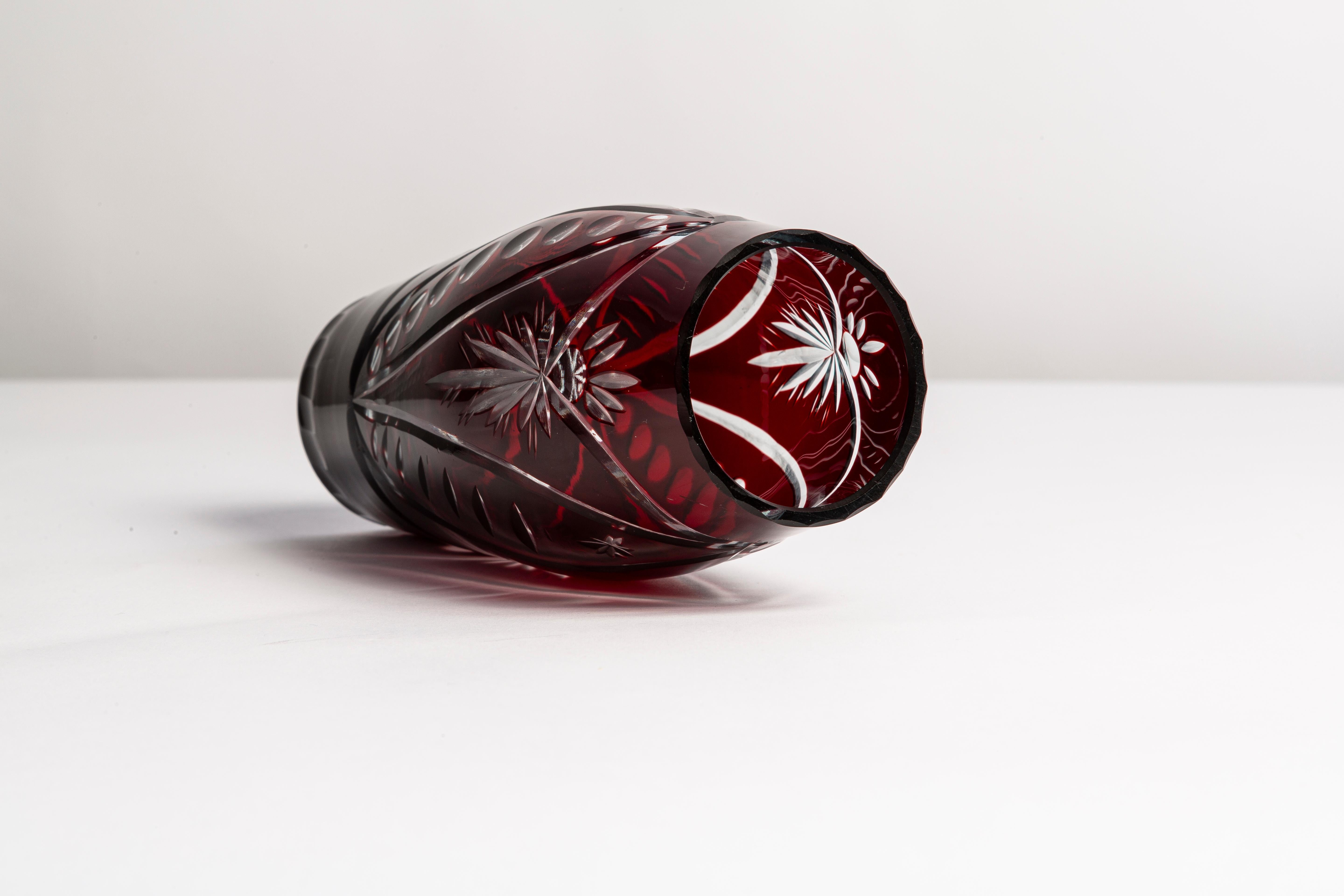 20th Century Mid Century Vintage Dark Red Small Crystal Glass Vase, Europe, 1960s For Sale