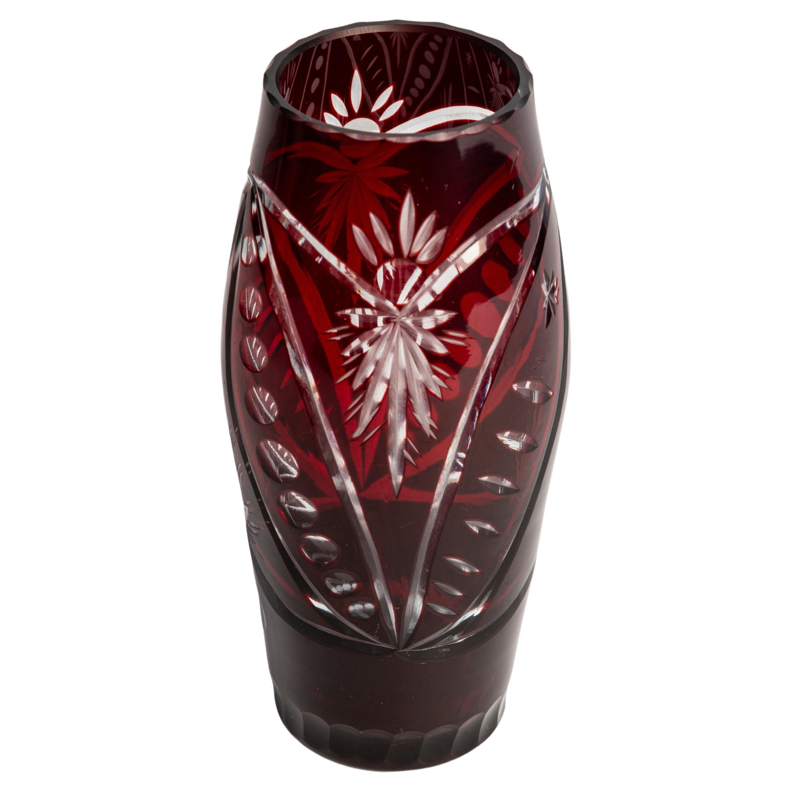 Mid Century Vintage Dark Red Small Crystal Glass Vase, Europe, 1960s For Sale