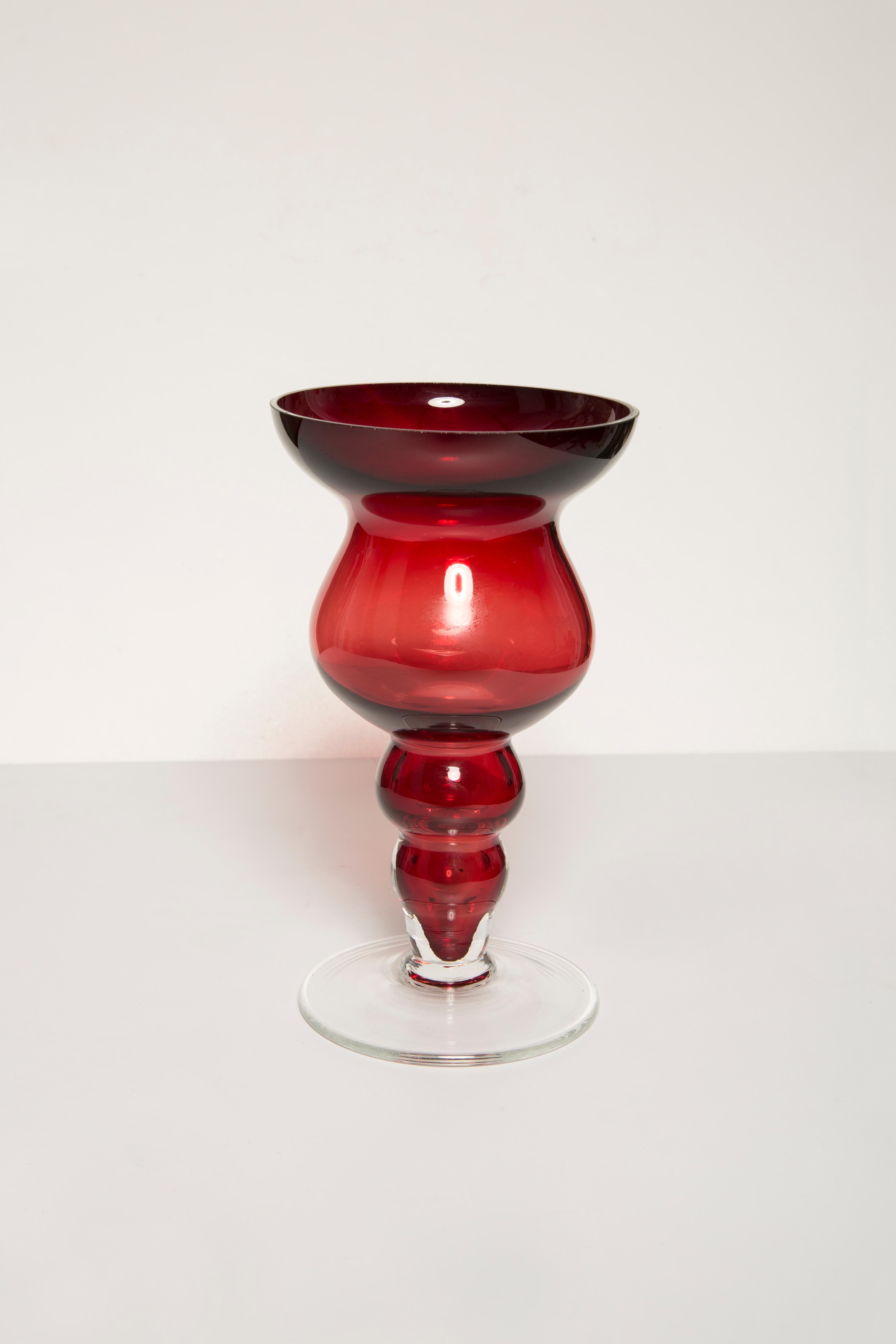 Glass Mid Century Vintage Dark Red Vase, Europe, 1960s For Sale