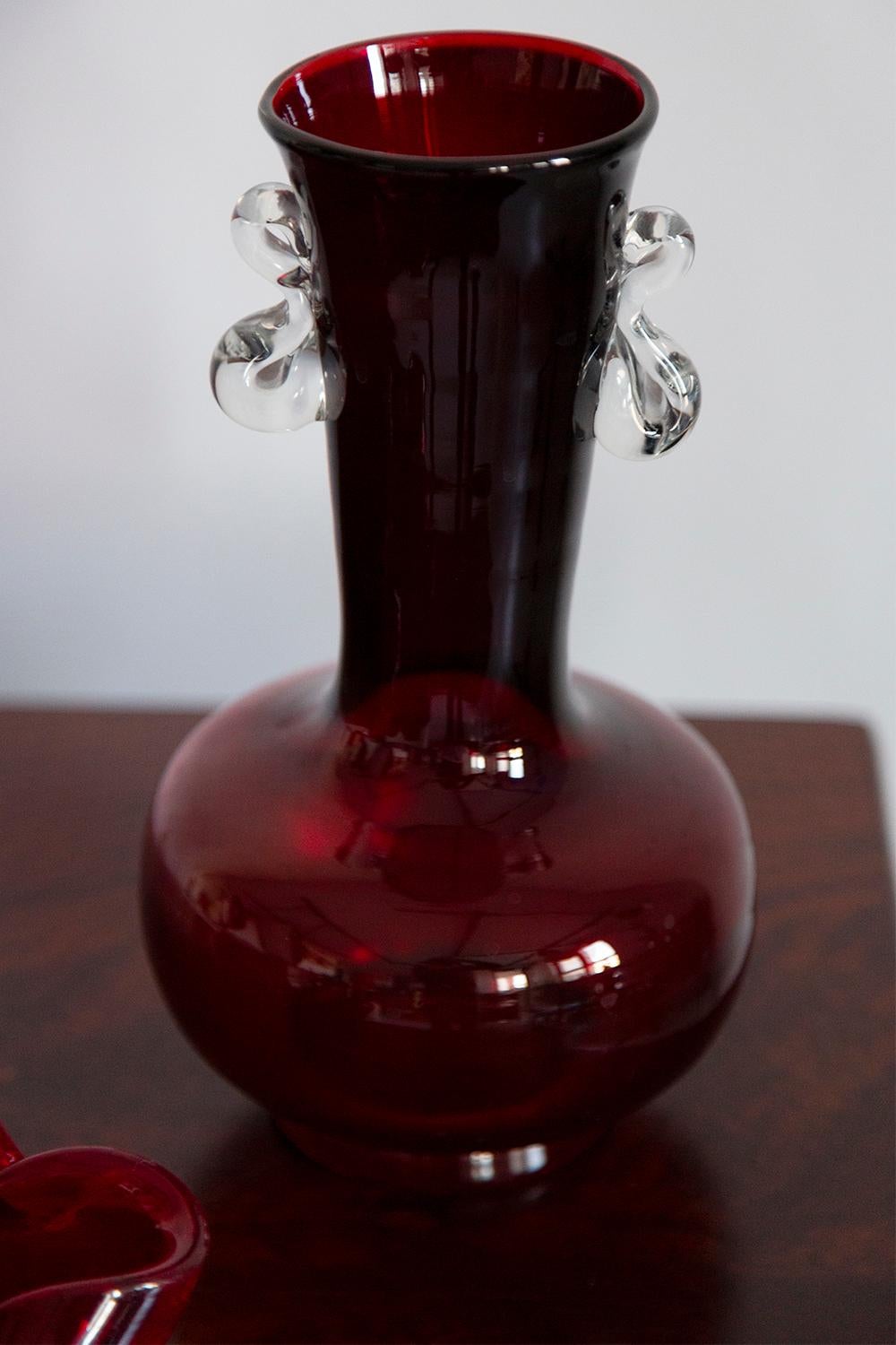 Glass Mid Century Vintage Dark Red Vase, Europe, 1980s For Sale