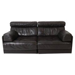 Mid Century Vintage De Sede DS 76 Black leather Highback loveseat sofa