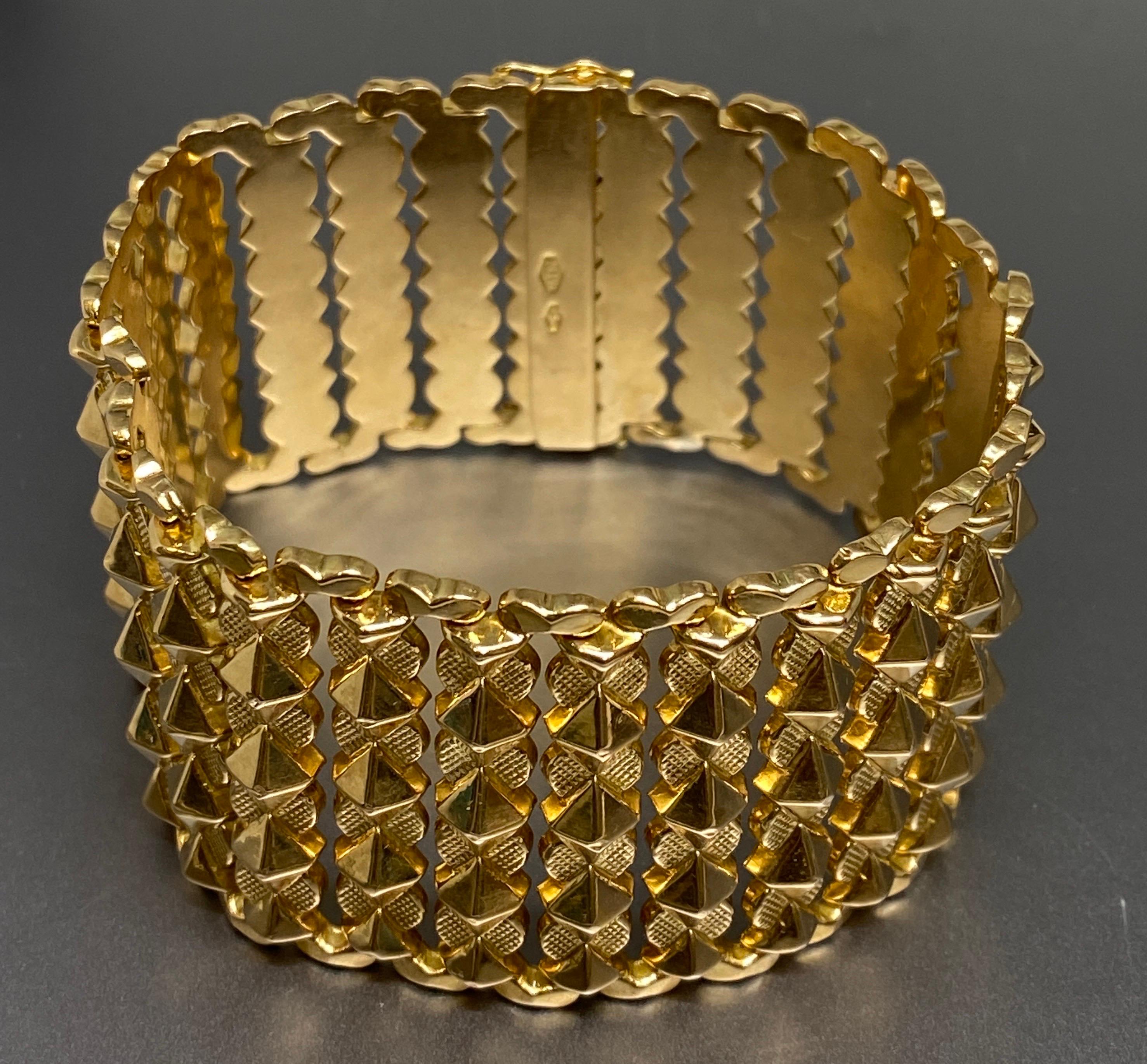 Mid Century Vintage Extra Wide 18k Yellow Gold Geometric Link Italian Bracelet 7