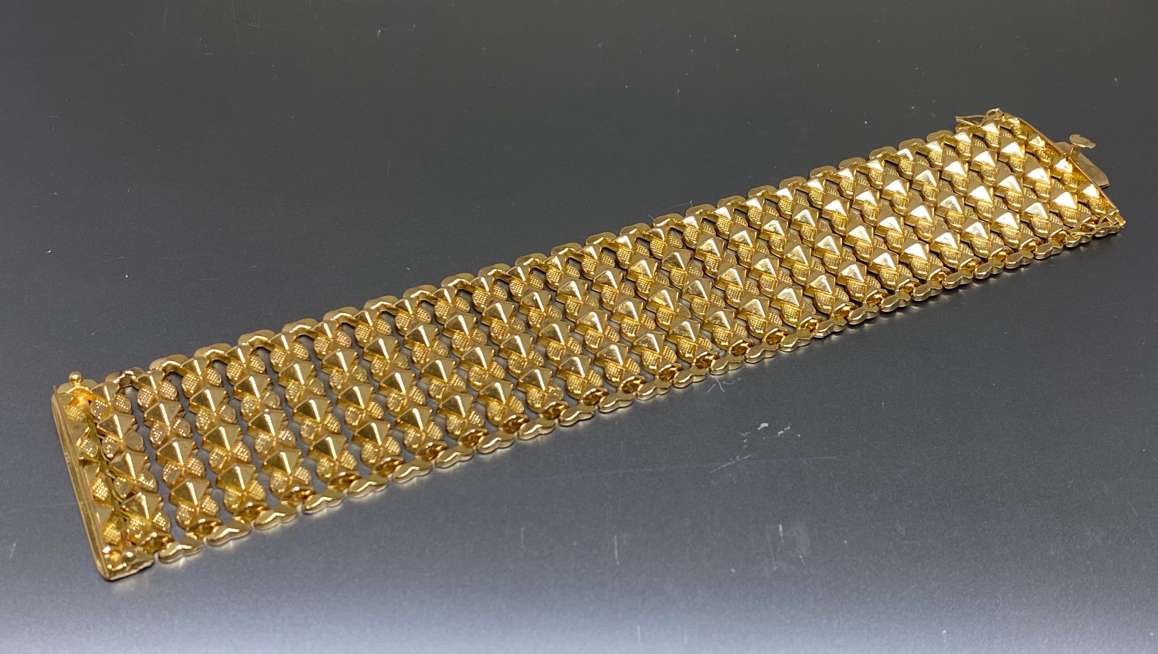 Mid Century Vintage Extra Wide 18k Yellow Gold Geometric Link Italian Bracelet 1