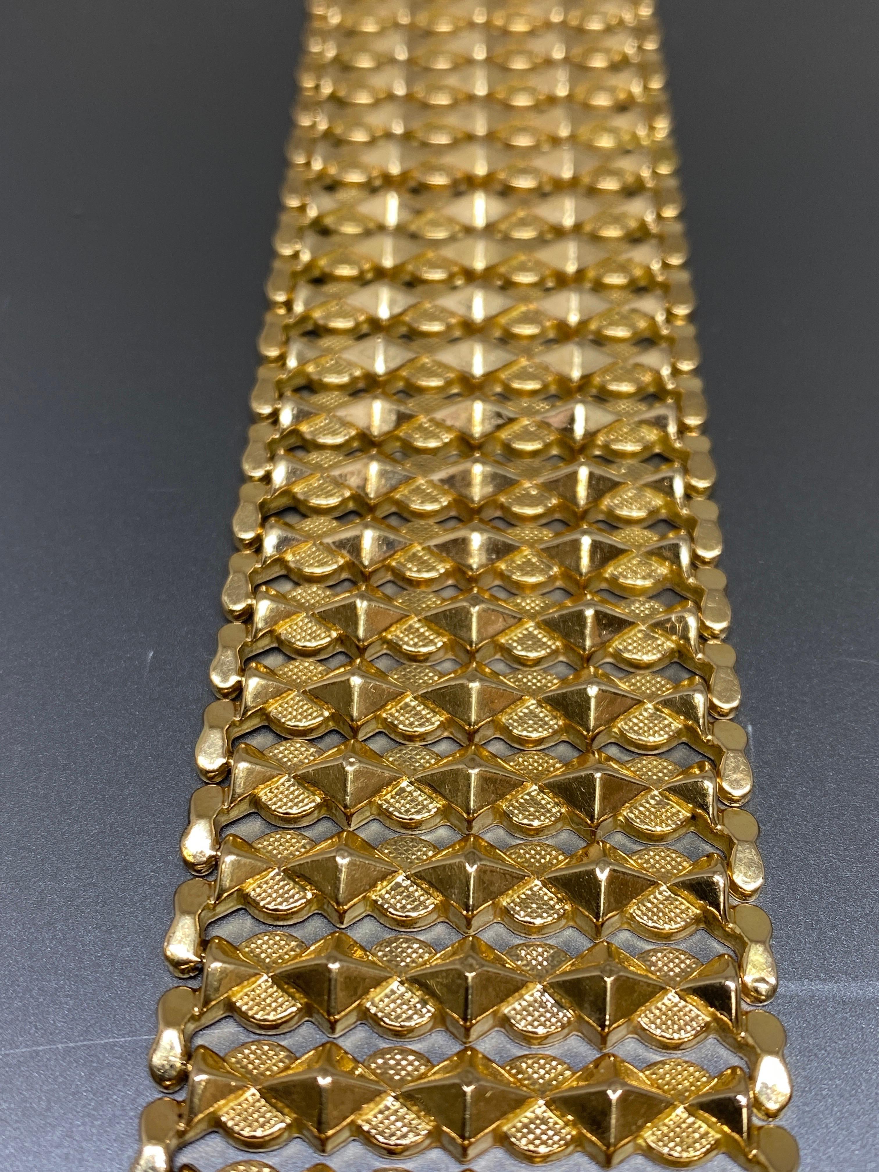 Mid Century Vintage Extra Wide 18k Yellow Gold Geometric Link Italian Bracelet 2