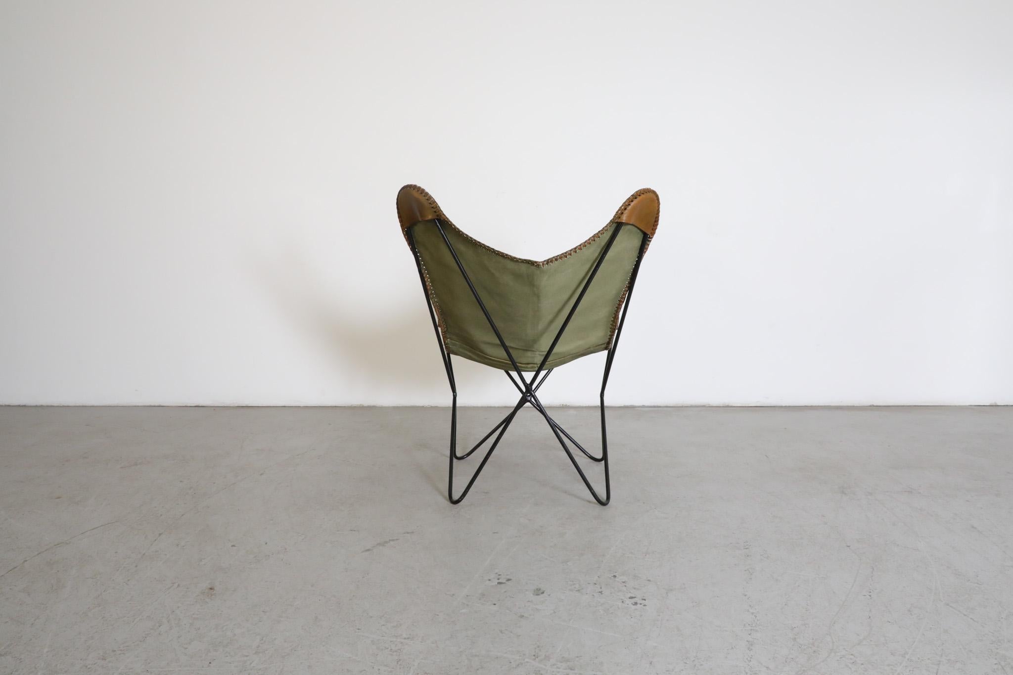 Late 20th Century Mid-Century Vintage Faux Green Leather Butterfly Lounge Chair w/ Black Frame For Sale