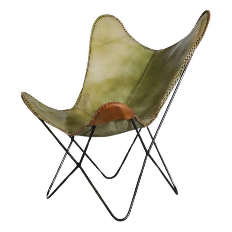 Mid-Century Vintage Faux Green Leather Butterfly Lounge Chair with Black Frame