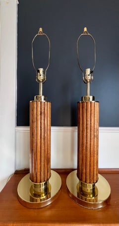 Mid Century Vintage Fluted Wood and Brass-Tone Neoclassical Column Table Lamps