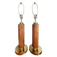 Mid Century Vintage Fluted Wood and Brass-Tone Neoclassical Column Table Lamps