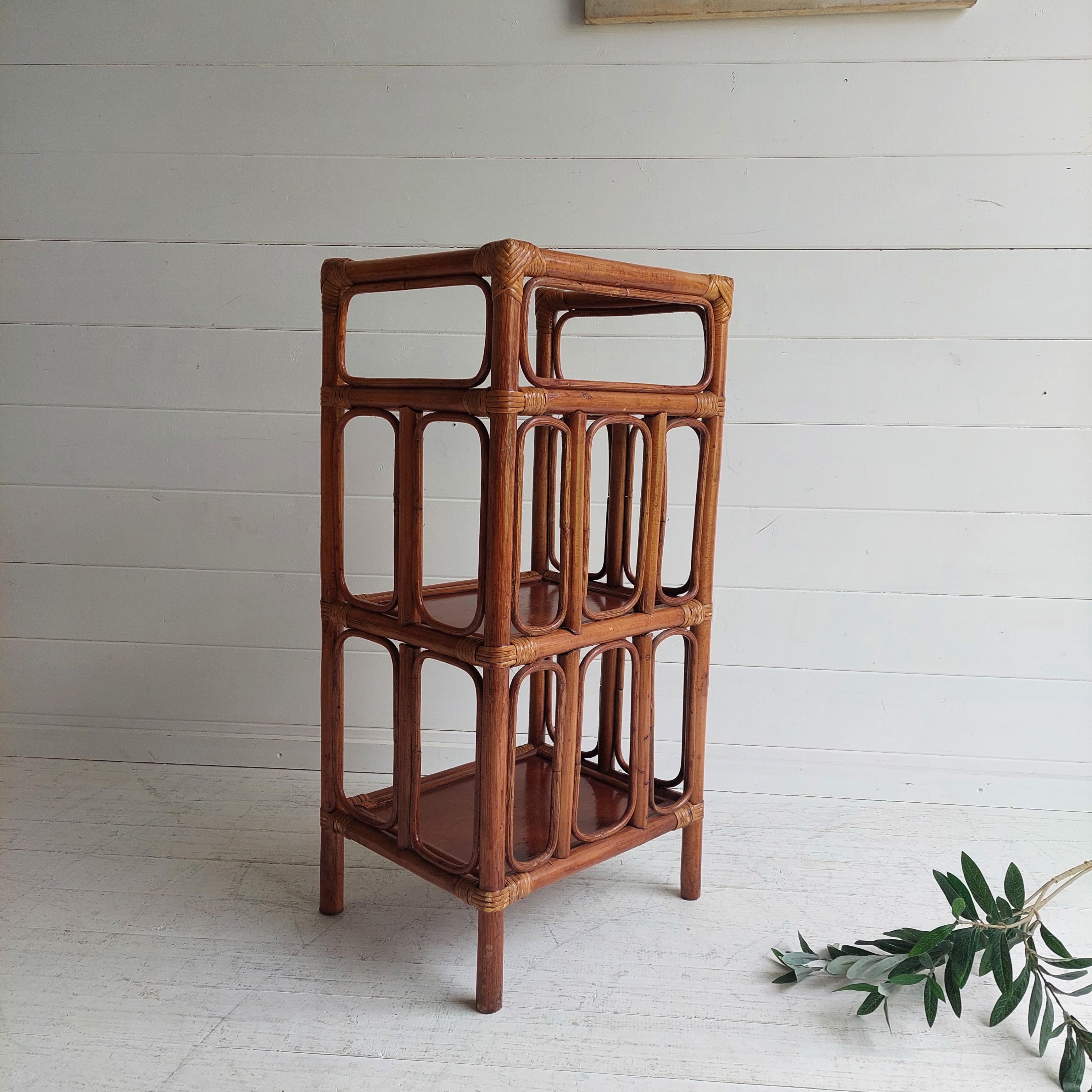 Midcentury Vintage French Bamboo & Rattan 3-Tier Shelf Shelving Unit, 1960s In Good Condition In Leamington Spa, GB