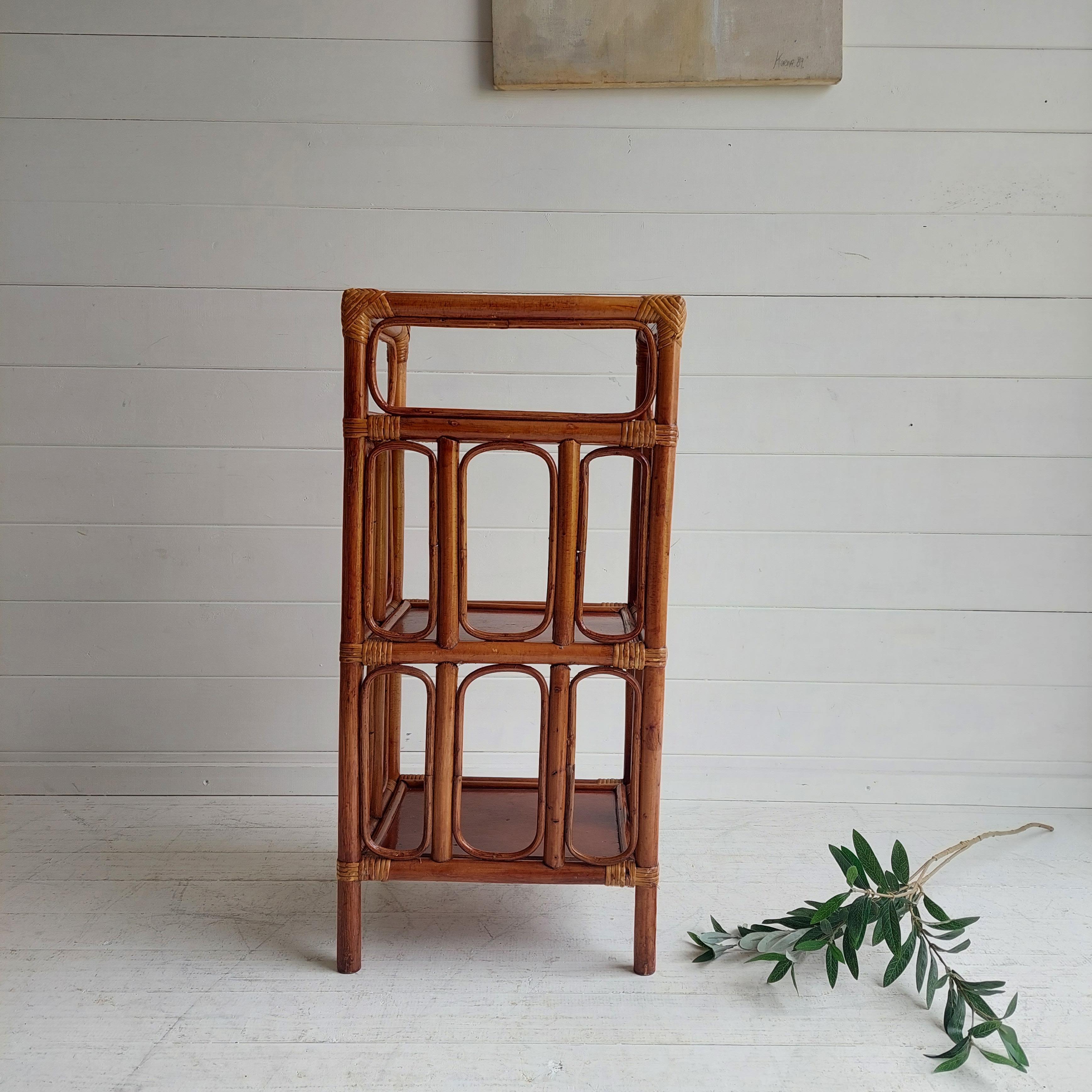 20th Century Midcentury Vintage French Bamboo & Rattan 3-Tier Shelf Shelving Unit, 1960s