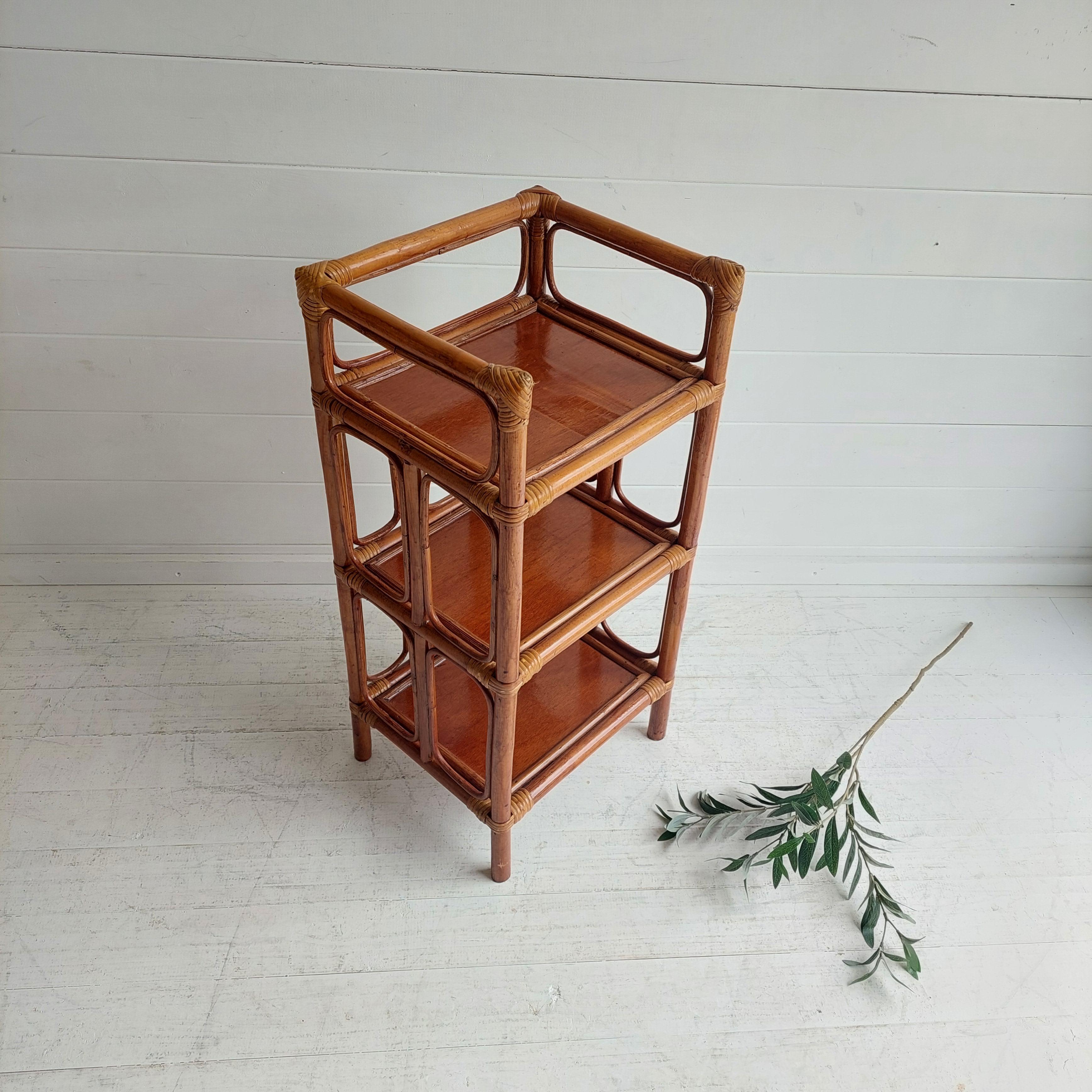Midcentury Vintage French Bamboo & Rattan 3-Tier Shelf Shelving Unit, 1960s 1
