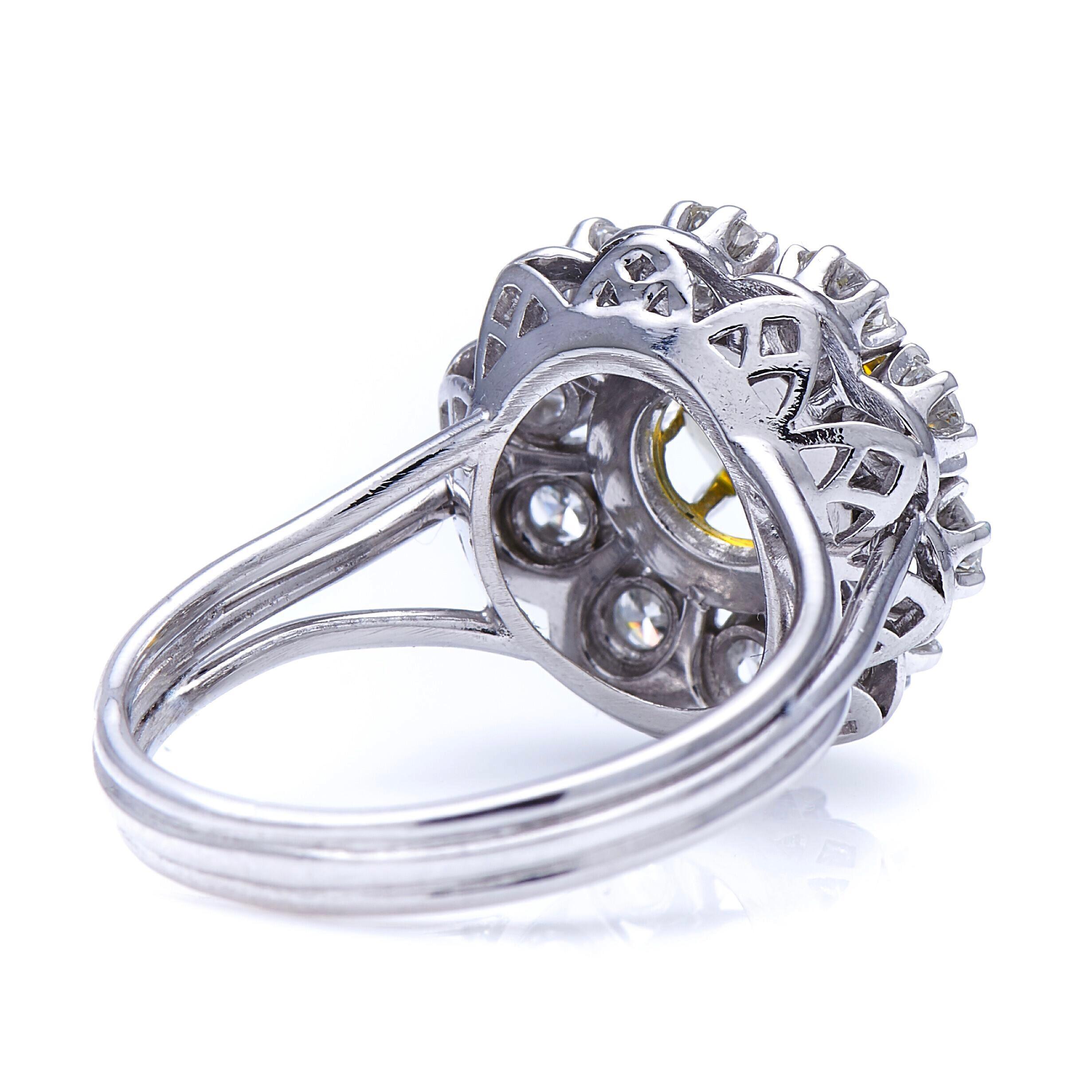 French Cut Midcentury, Vintage, French, Platinum, Chrysoberyl and Diamond Cluster Ring For Sale