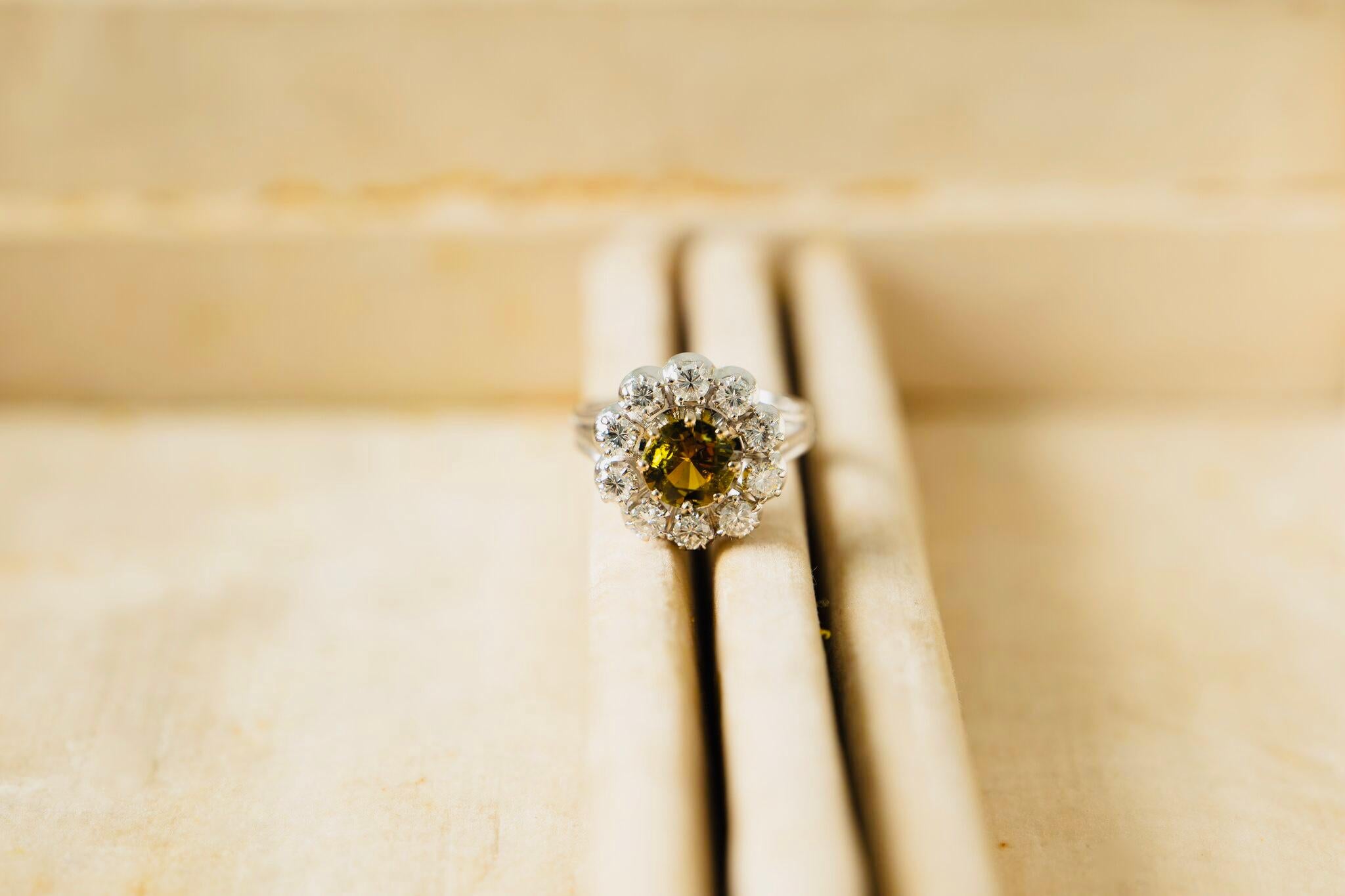 Midcentury, Vintage, French, Platinum, Chrysoberyl and Diamond Cluster Ring For Sale 2