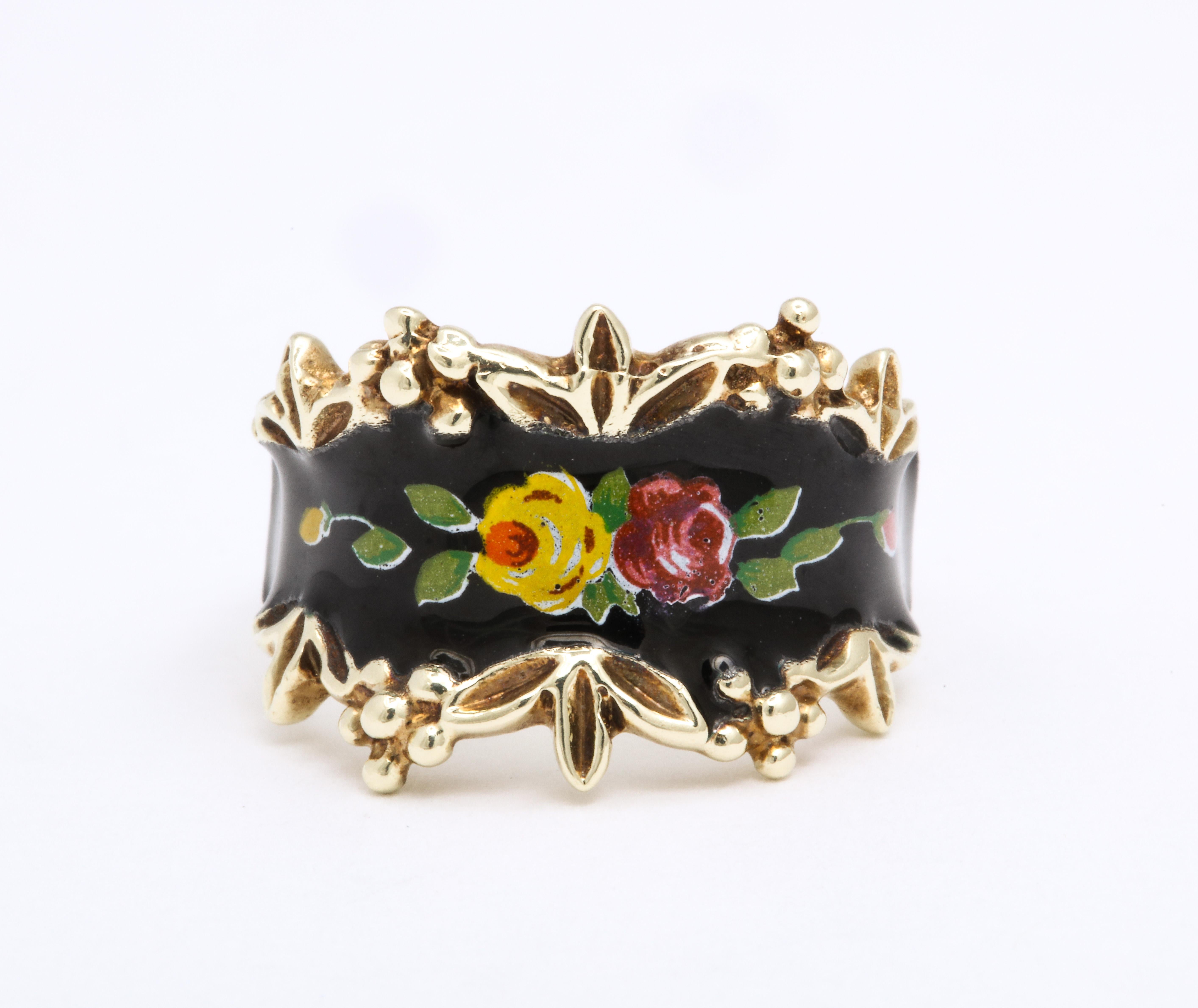 Anillo Rociador Floral de Oro y Esmalte Mid Century Vintage Moderno en venta
