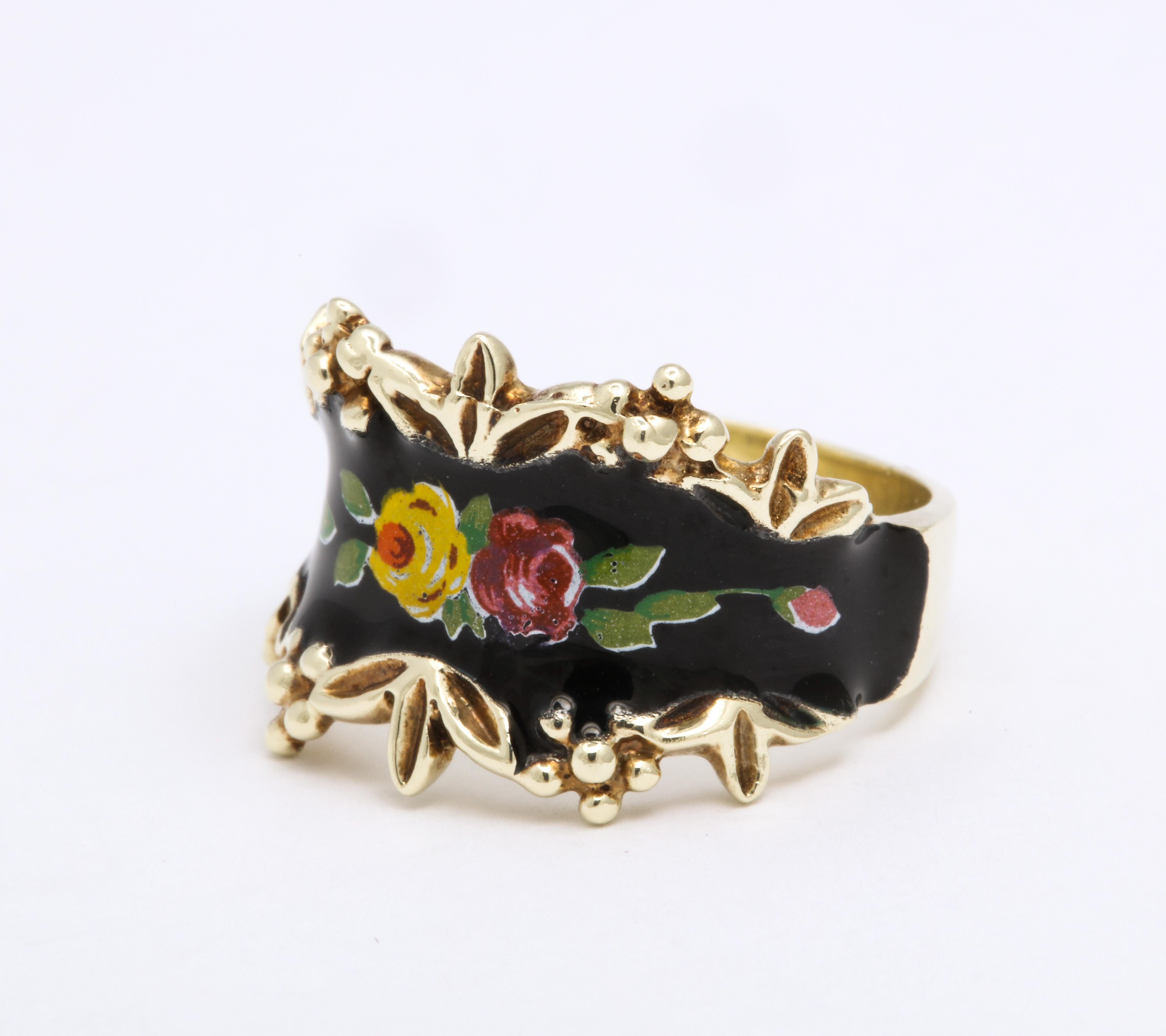 Modern Mid Century Vintage Gold and Enamel Floral Spray Ring For Sale