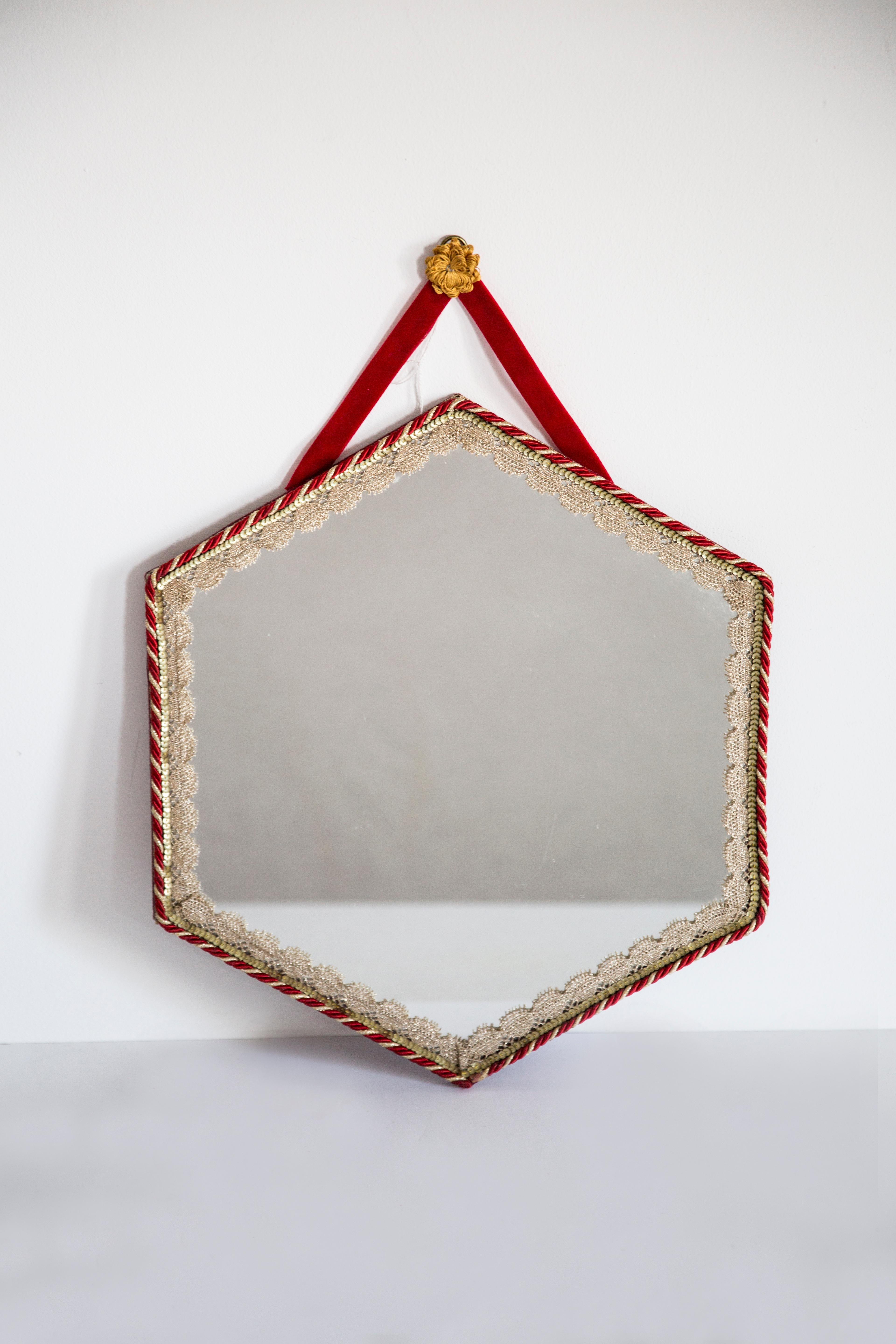 Mid Century Vintage Gold Red Italian Medium Decorative Mirror, Italy, 1960s For Sale 7
