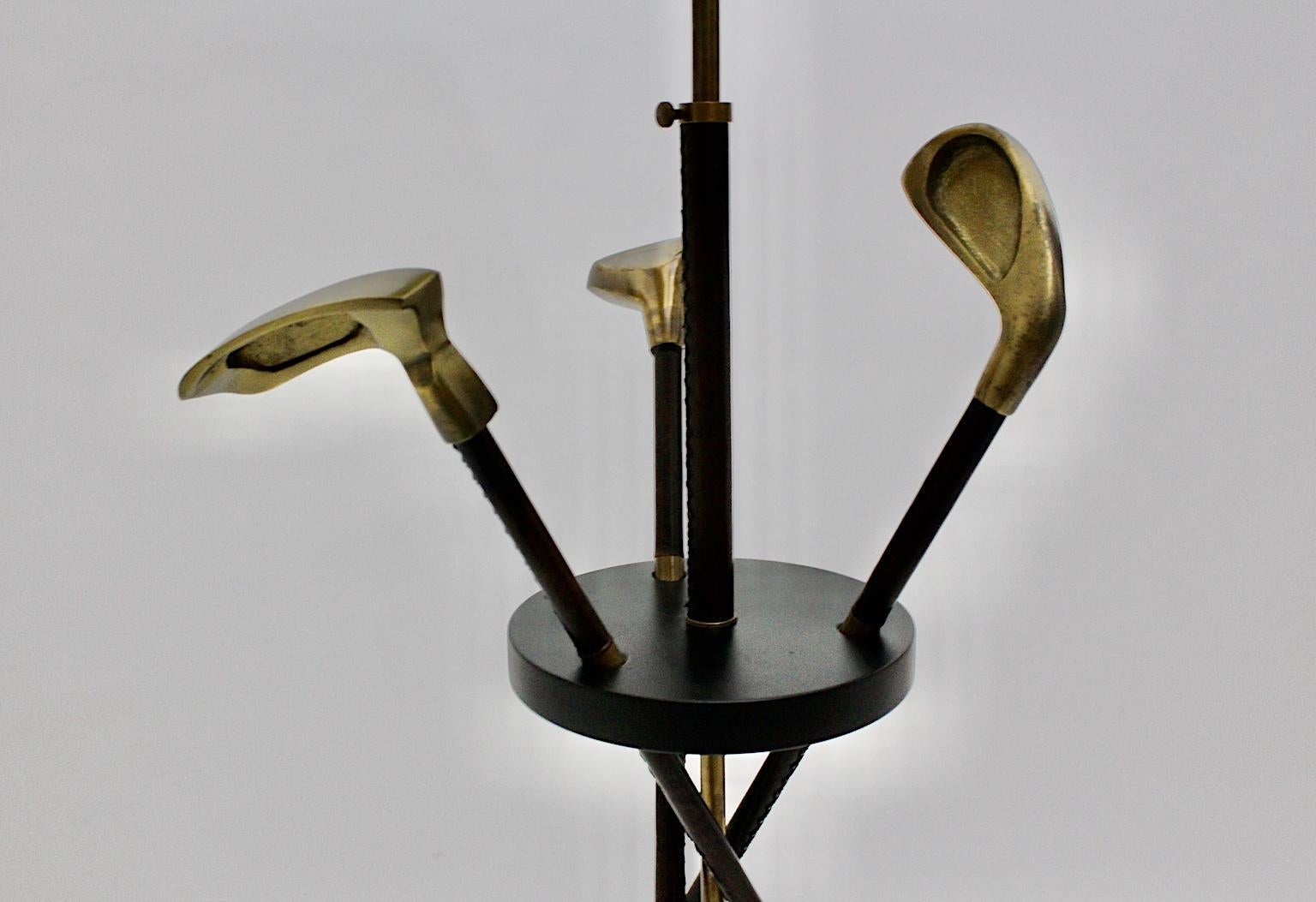 Metal Midcentury Vintage Golf Club Leather Brass Floor Lamp Jacques Adnet Attributed For Sale