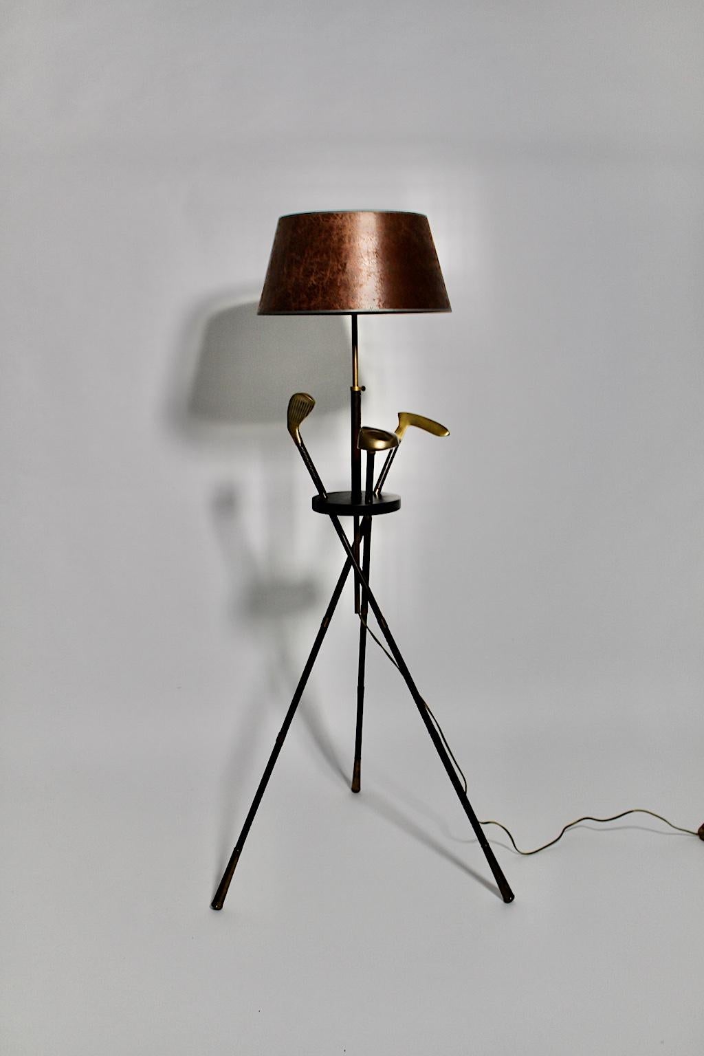 Mid-Century Modern Midcentury Vintage Golf Club Leather Brass Floor Lamp Jacques Adnet Attributed For Sale