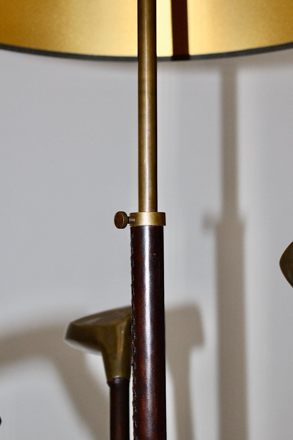 20th Century Midcentury Vintage Golf Club Leather Brass Floor Lamp Jacques Adnet Attributed For Sale