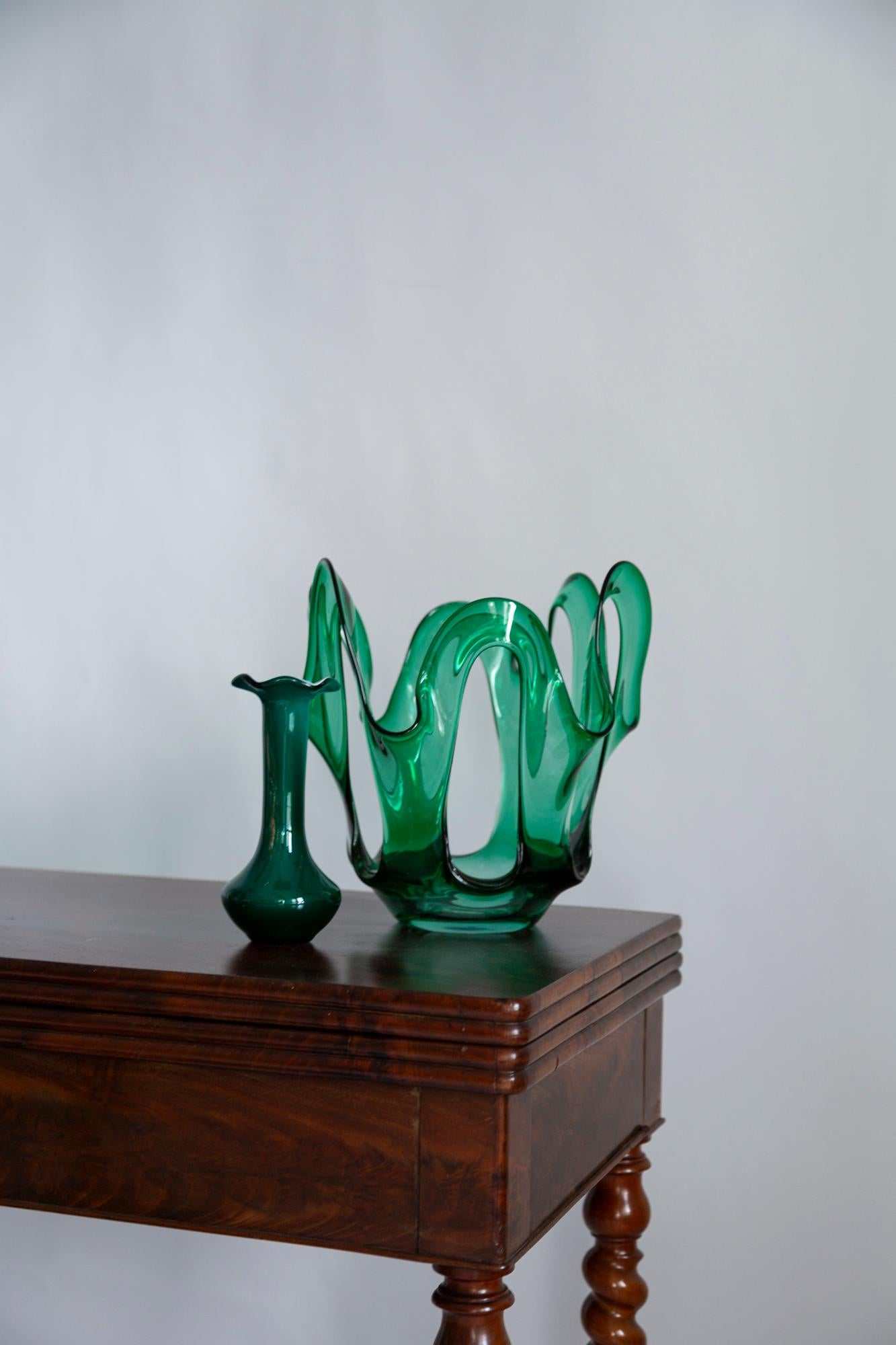 Polish Mid Century Vintage Green Acqua Artistic Big Glass Vase, Europe, 1970s For Sale