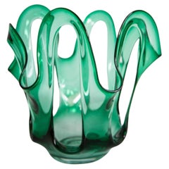 Mid Century Vintage Green Acqua Artistic Big Glass Vase, Europe, 1970s